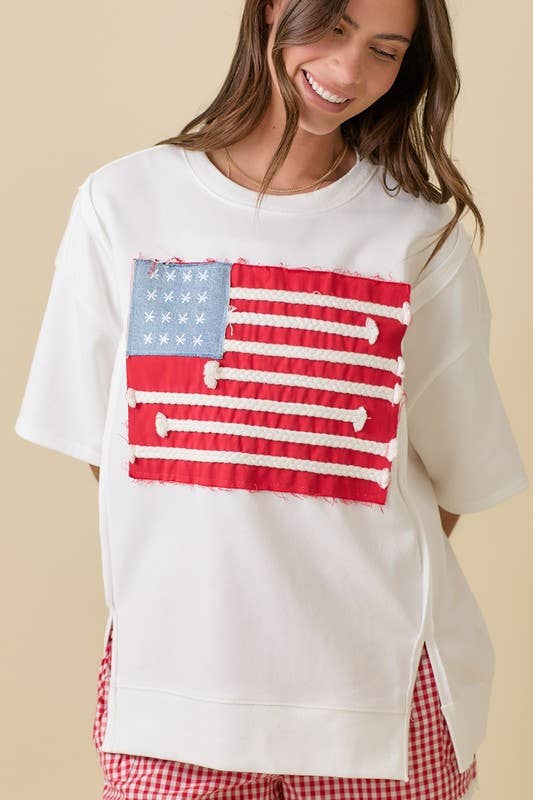 Boxy Wide Short Sleeve Top With American Flag Patchwork: DARK BLUE / S