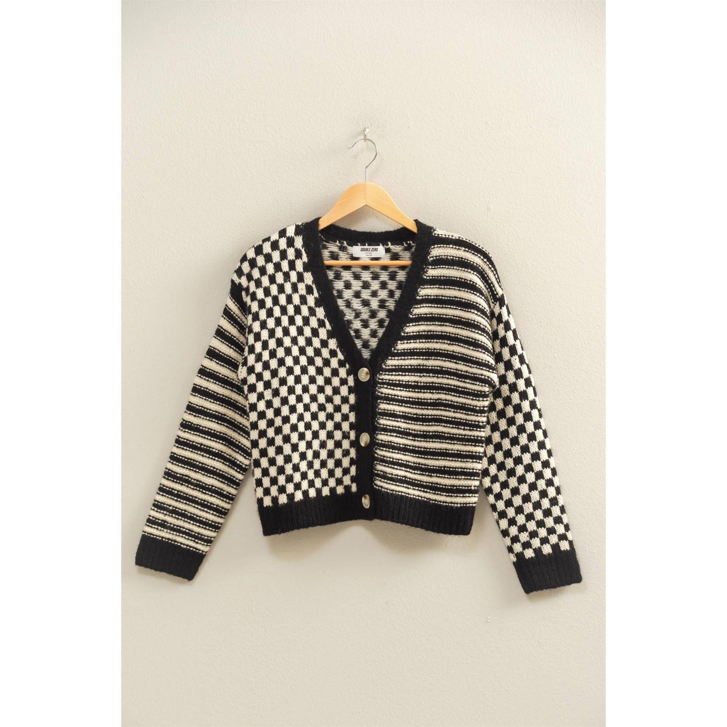 Checker And Stripe Contrast Knit Cardigan Sweater: SOFT PINK/CREAM / S-M-L(2-2-2)