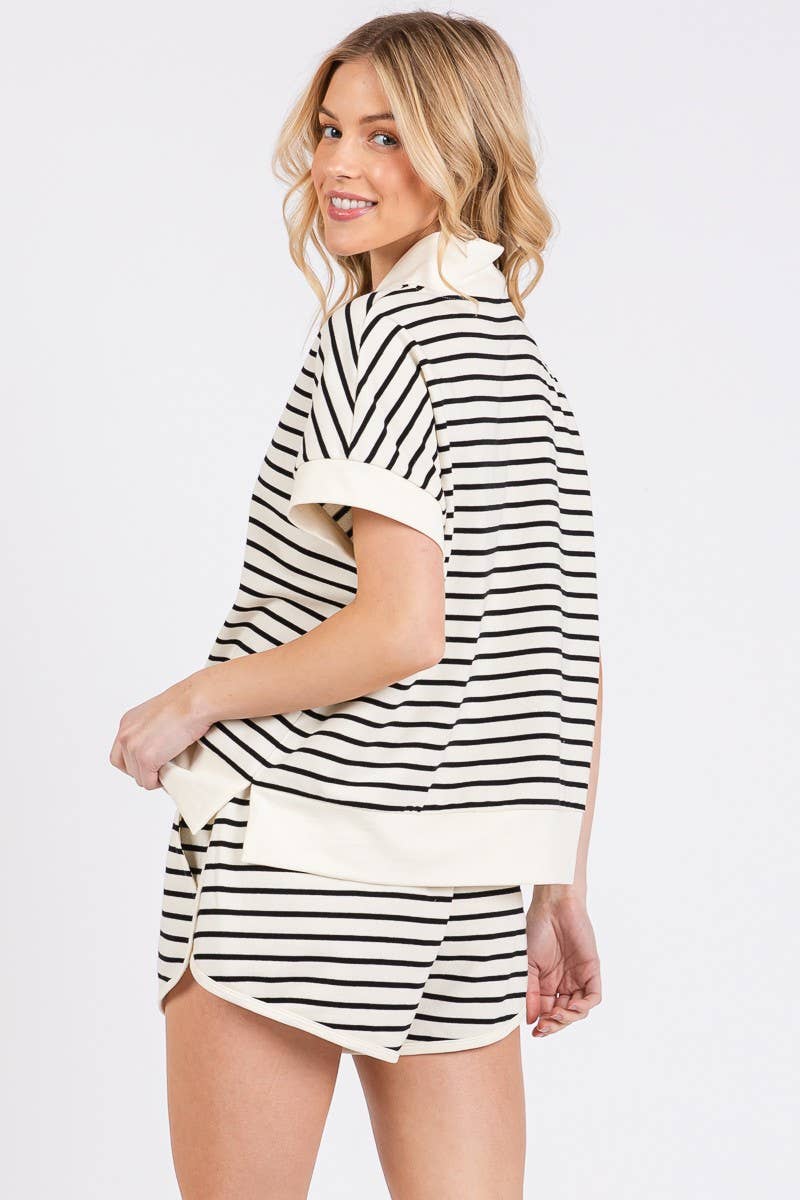 HALF ZIP UP STRIPED TOP AND SHORTS SETS : BLUE/PINK / M