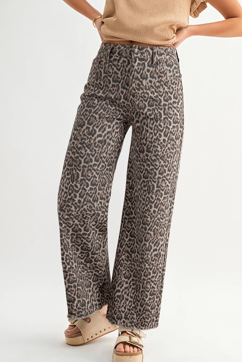 Leopard Frayed Edge Wide Leg High Waist Jeans | 4-16: As shown / Missy / 12