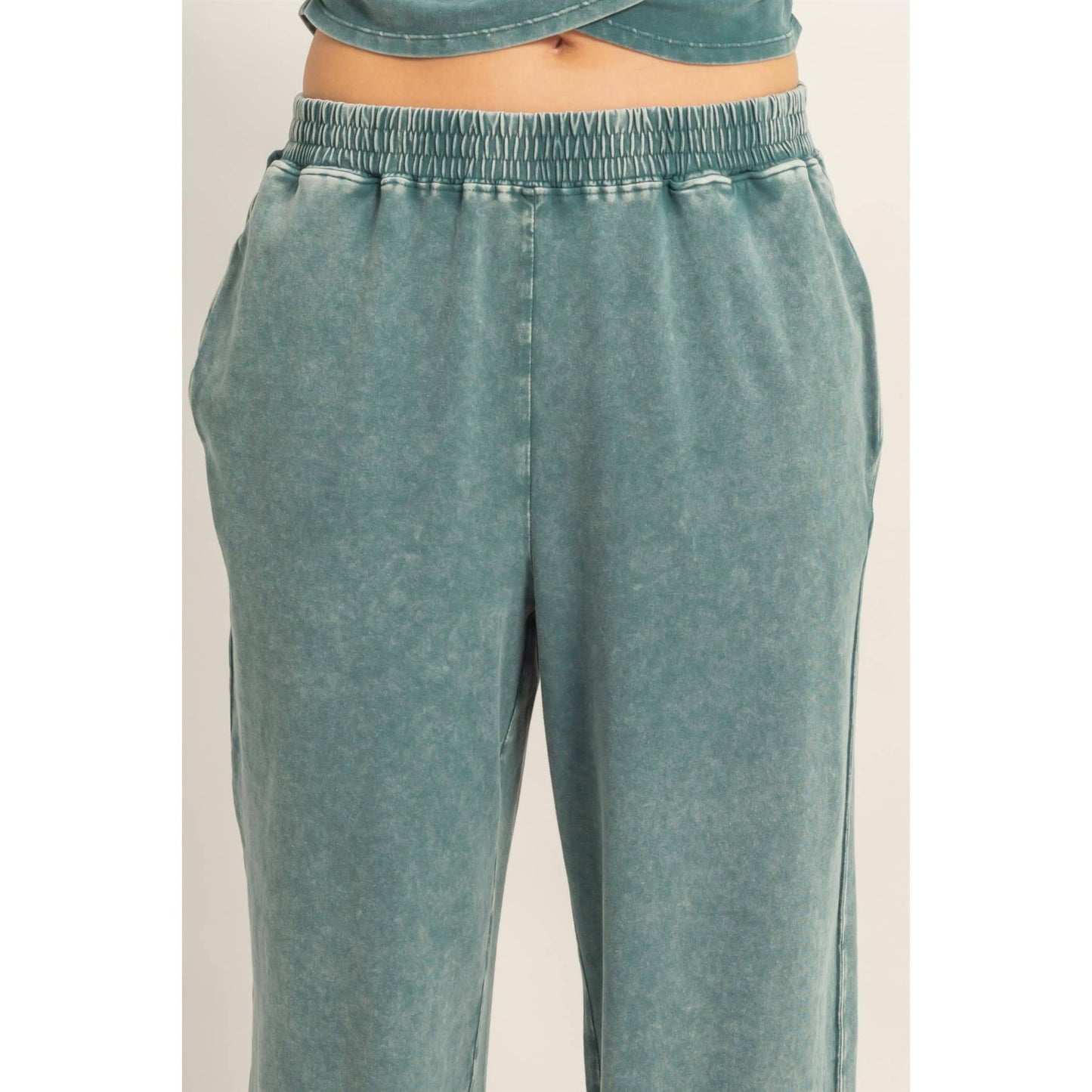 Rolled Sleeve Wrap-Front Crop Top And Jogger Set: DARK TEAL / S-M-L(2-2-2)