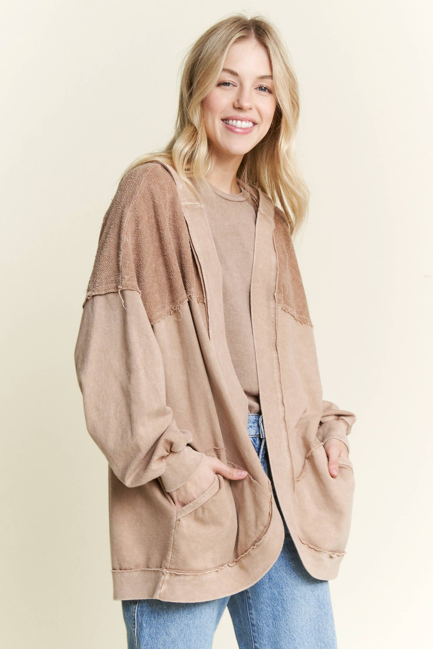 Mineral Wash Open Terry Cardigan with peace sign HT6086: Latte / S-M-L / 2-2-2