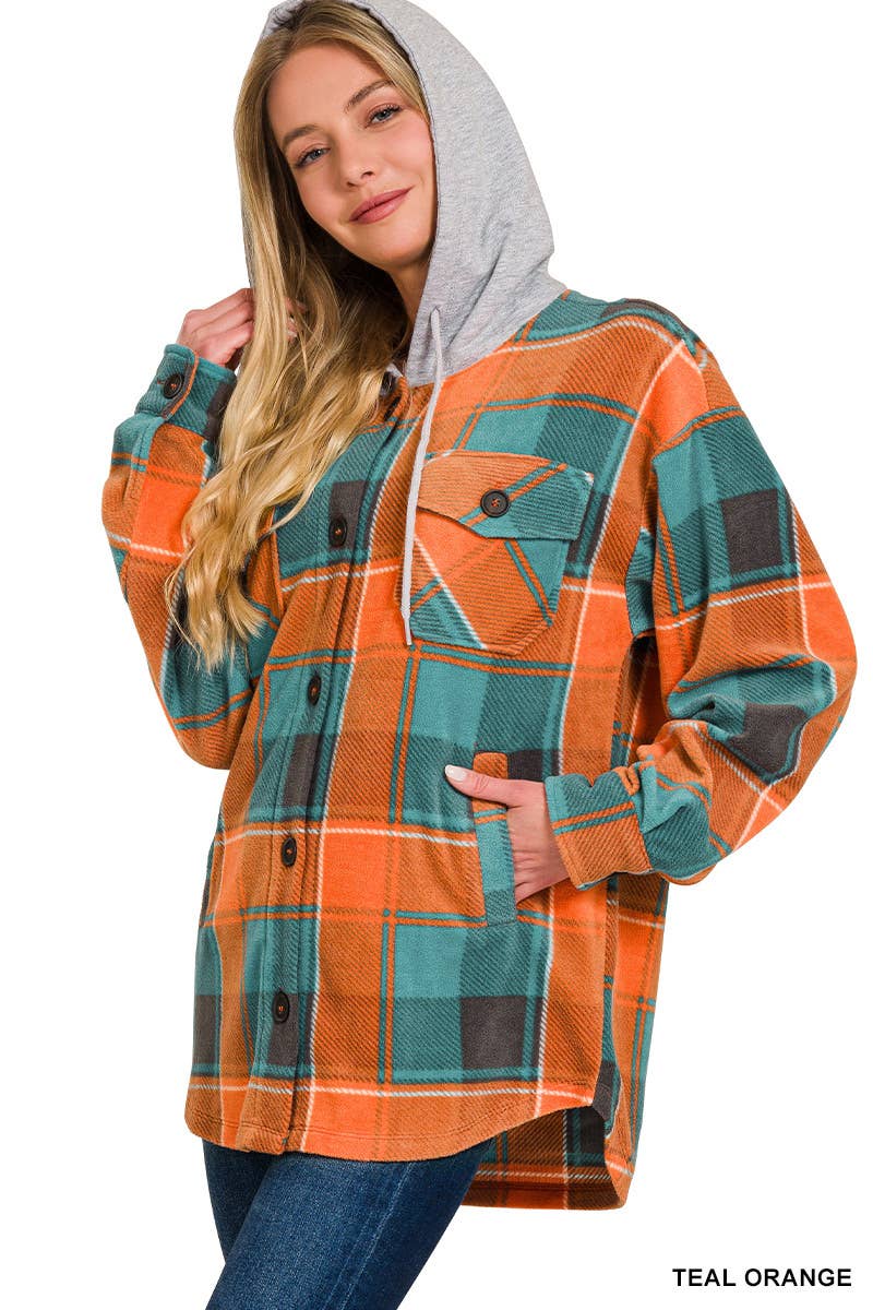 Plaid Drawstring Hooded Fleece Shacket: TEAL/ORANGE / 2-2-2 (S-M-L)