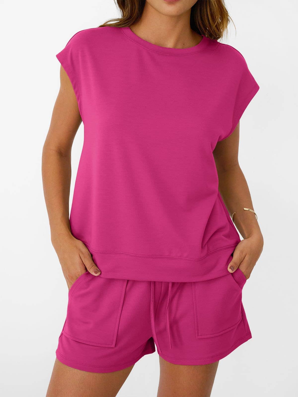 Womens Black Lounge Set Cap Sleeve Top and Shorts: Rose Red / 65%Polyester+30%Viscose+5%Elastane / XL