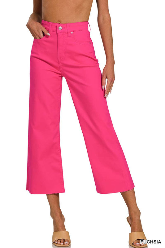 High Rise Flare Cropped Color Denim Pants: FUCHSIA / 1-2-2-1 (S-M-L-XL)