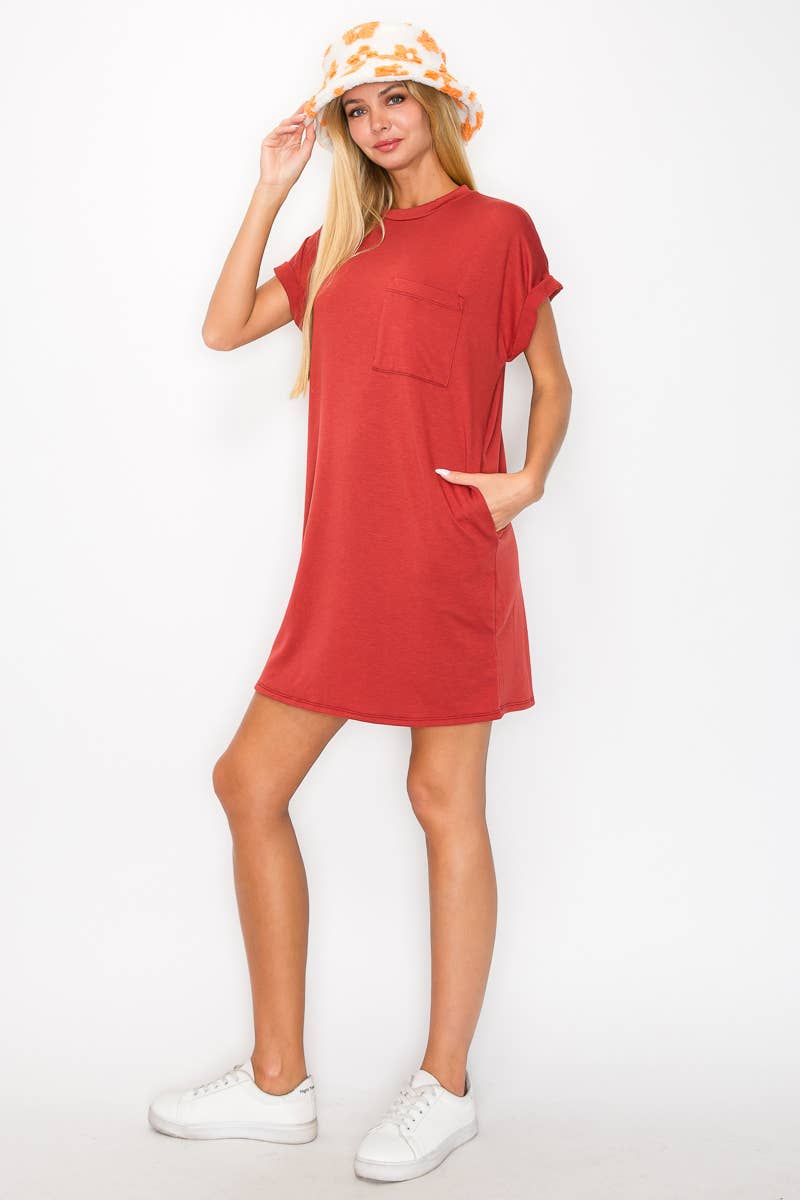 Round Neck Pocket Mini Dress HD1015: Olive / S-M-L / 2-2-2