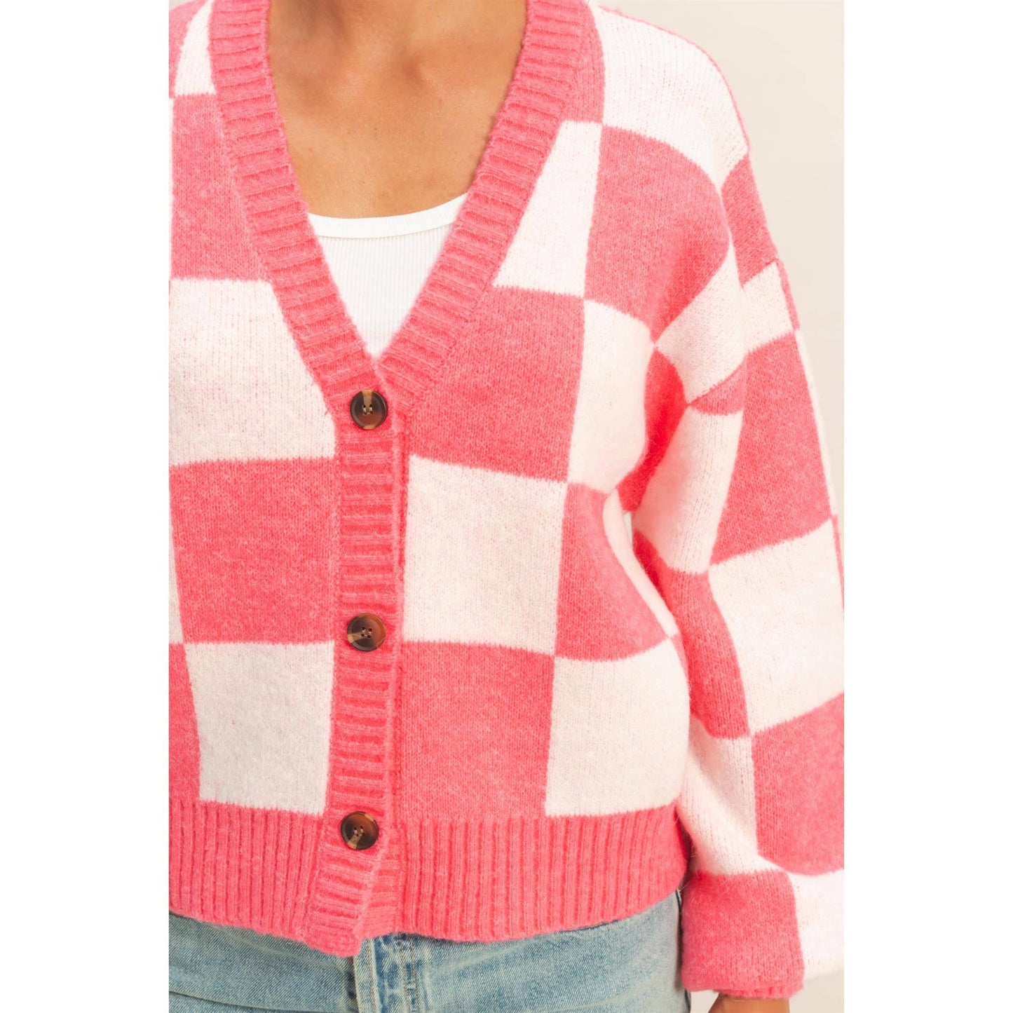 Checkered Button Front Cardigan Sweater: EMERALD/CREAM / S-M-L(2-2-2)