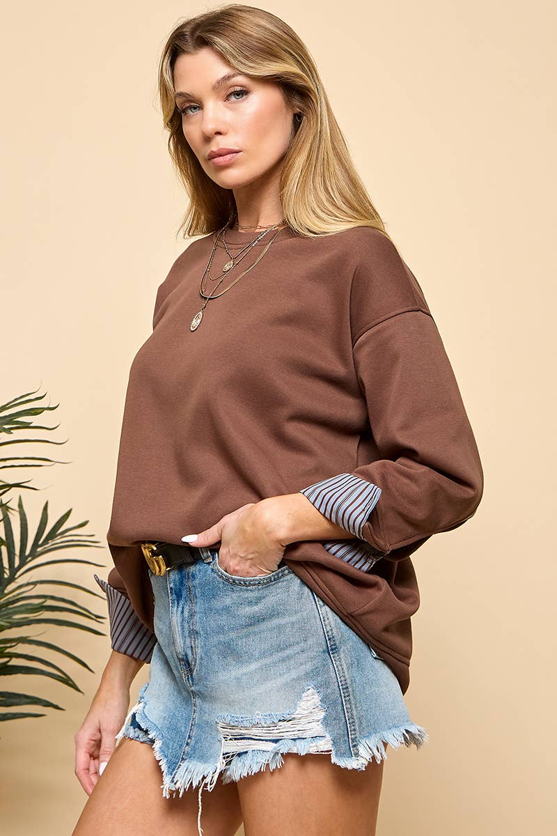 Stripe Detail Long Sleeve Sweatshirt: Brown / L