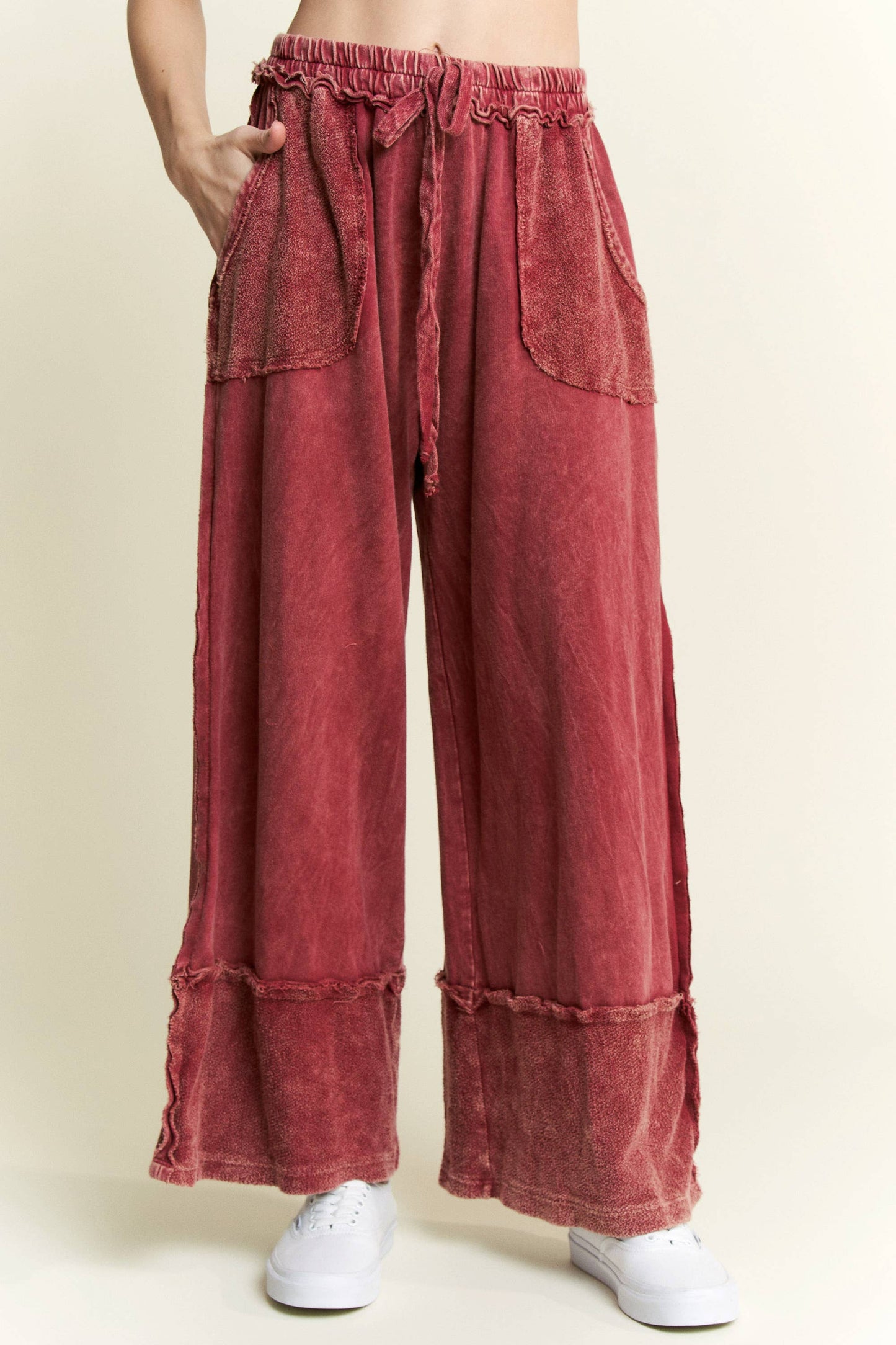 MineralWash Wide Pants with raw hem frayed details HP5536..: Latte / S-M-L / 2-2-2
