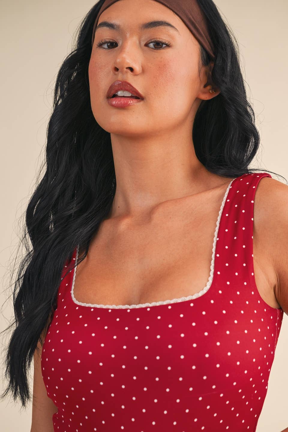 Polka Dot Print Crop Tank with Lace Trim: Black Polka Dot / M