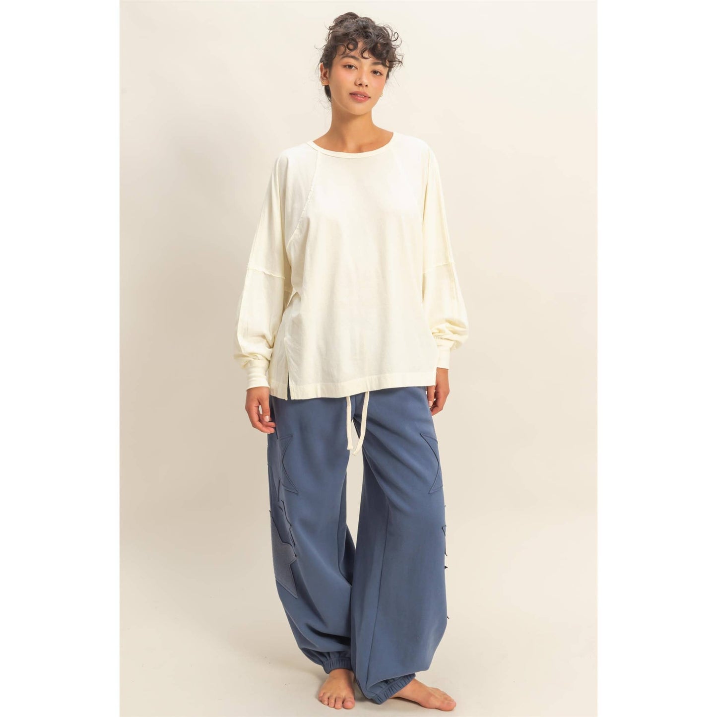 Washed Oversized Long Sleeve Top With Slit: CREAM / S-M-L(2-2-2)