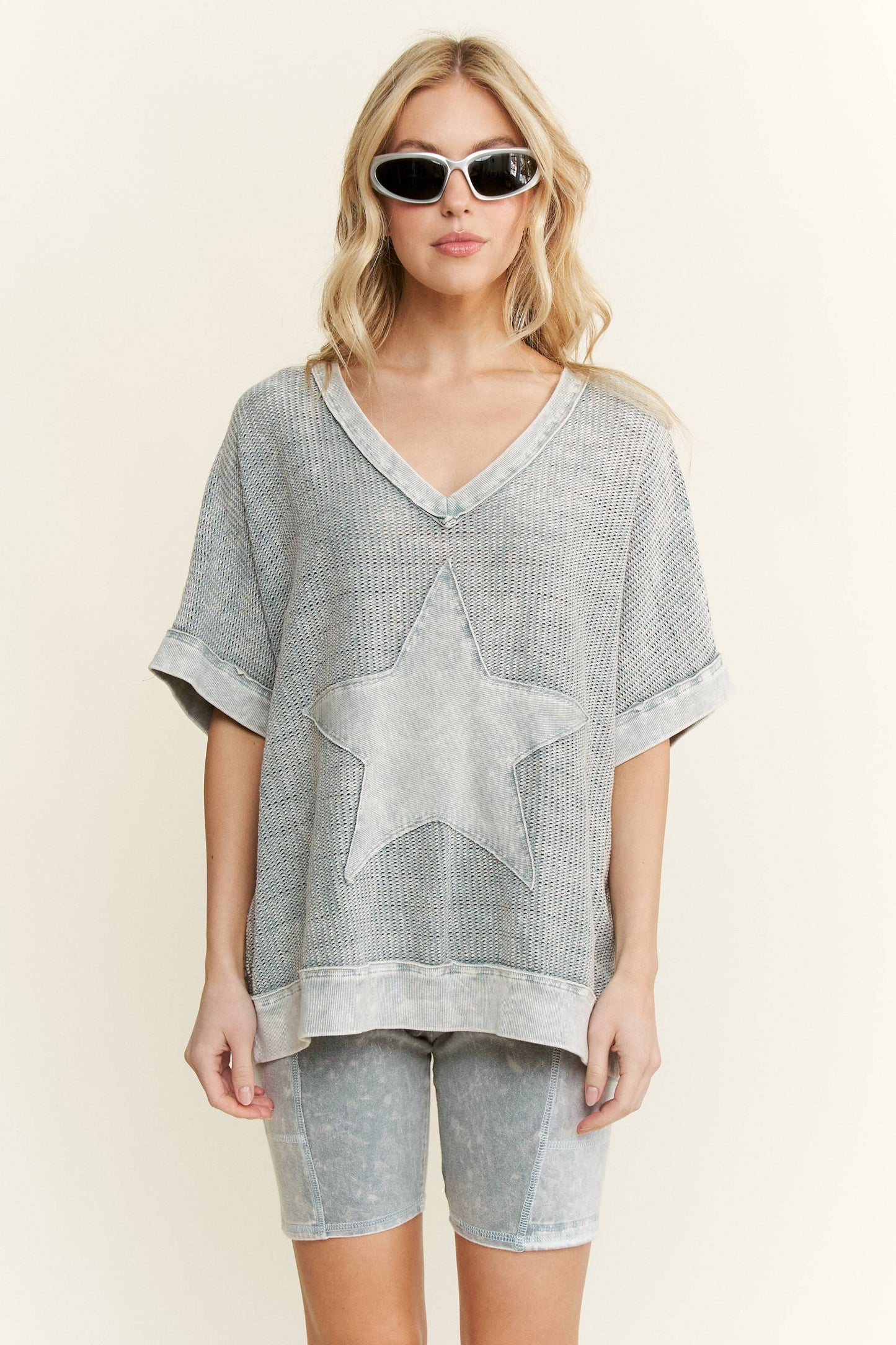 MineralWashed Star patched Mesh Knit Vest top HT6385: Silver Grey / S-M- L / 2-2-2