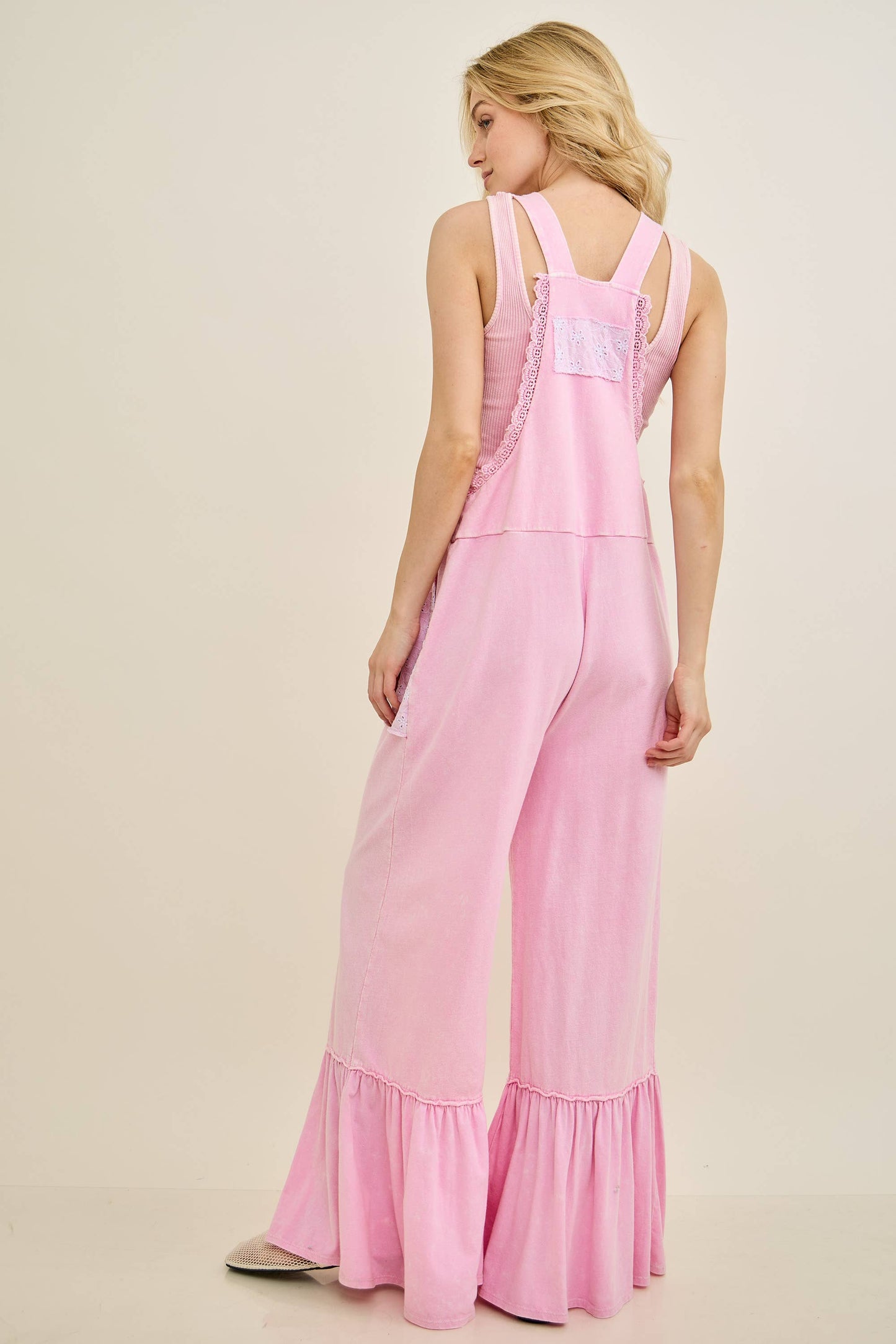 Mineral Washed Tea Party Ruffle Jumpsuits HJ7065: CottonCandy / S-M-L / 2-2-2