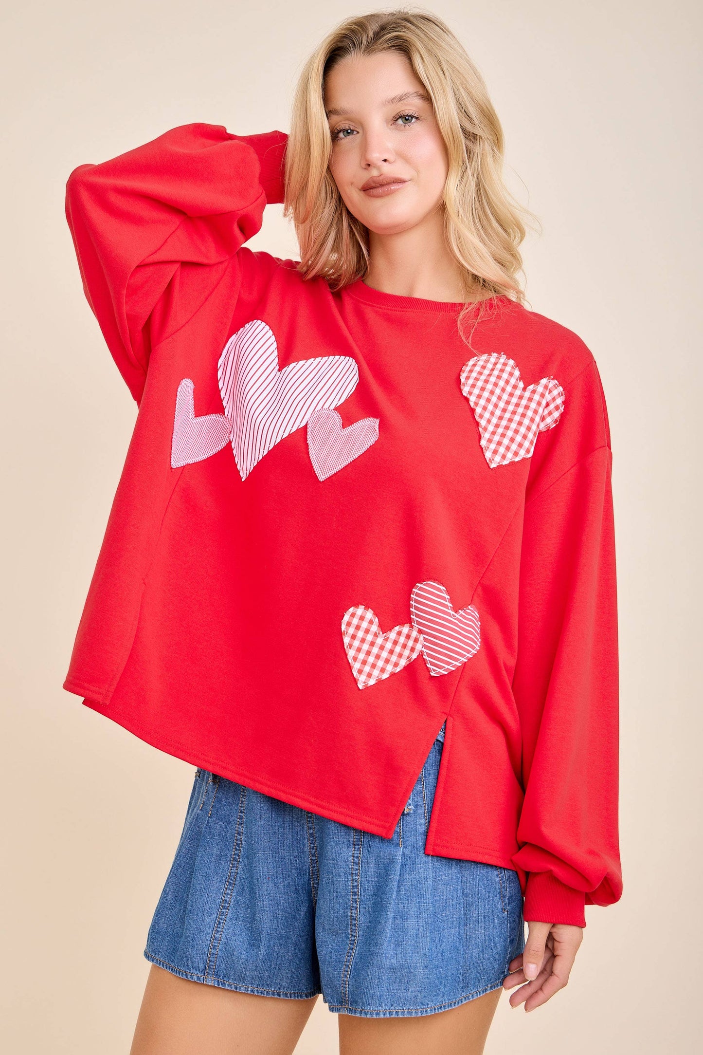 Red Heart Patchwork Sweatshirt – Valentine Pullover: RED / M