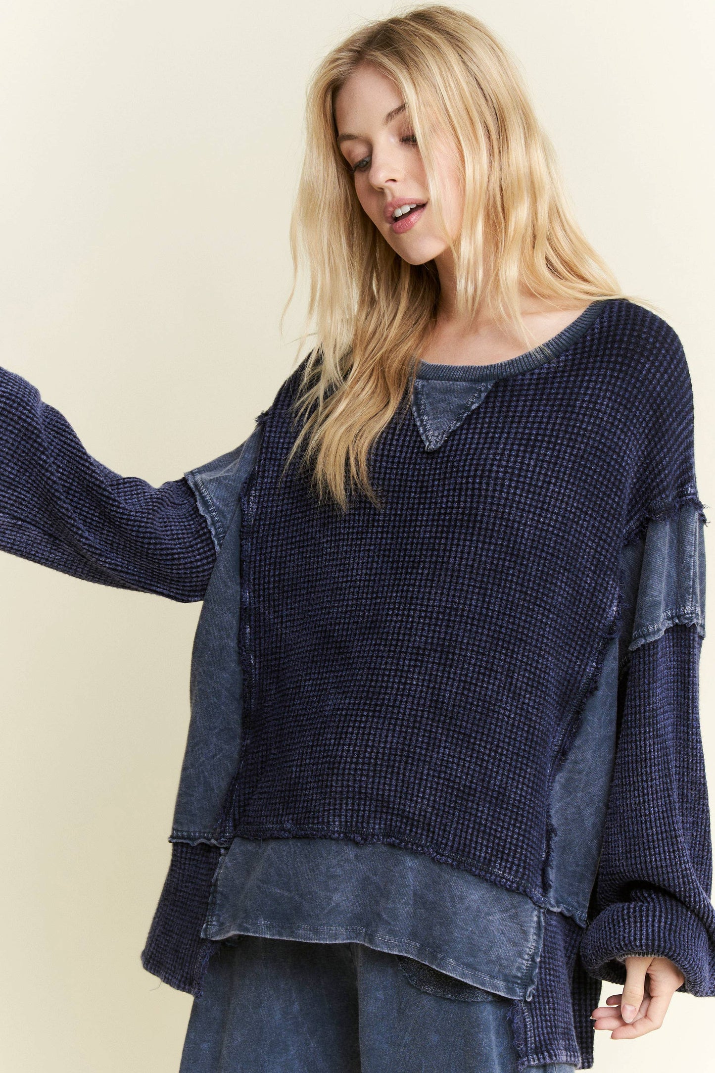 MineralWash Waffle and terry oversized fall shirt HT5989.: Midnight Green / S-M-L / 2-2-2