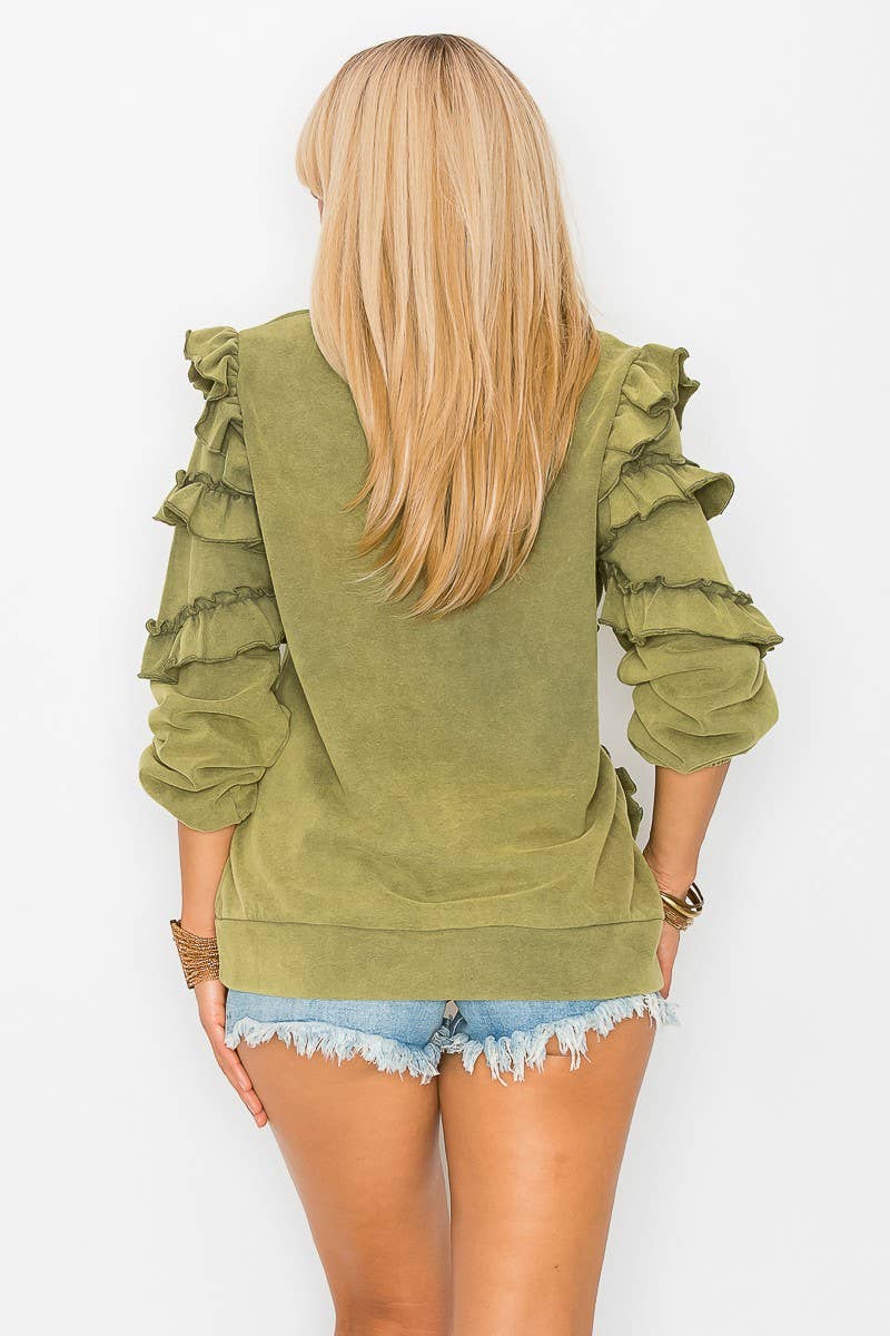 Ruffle sleeve French terry washed sweatshirt: Olive / LARGE
