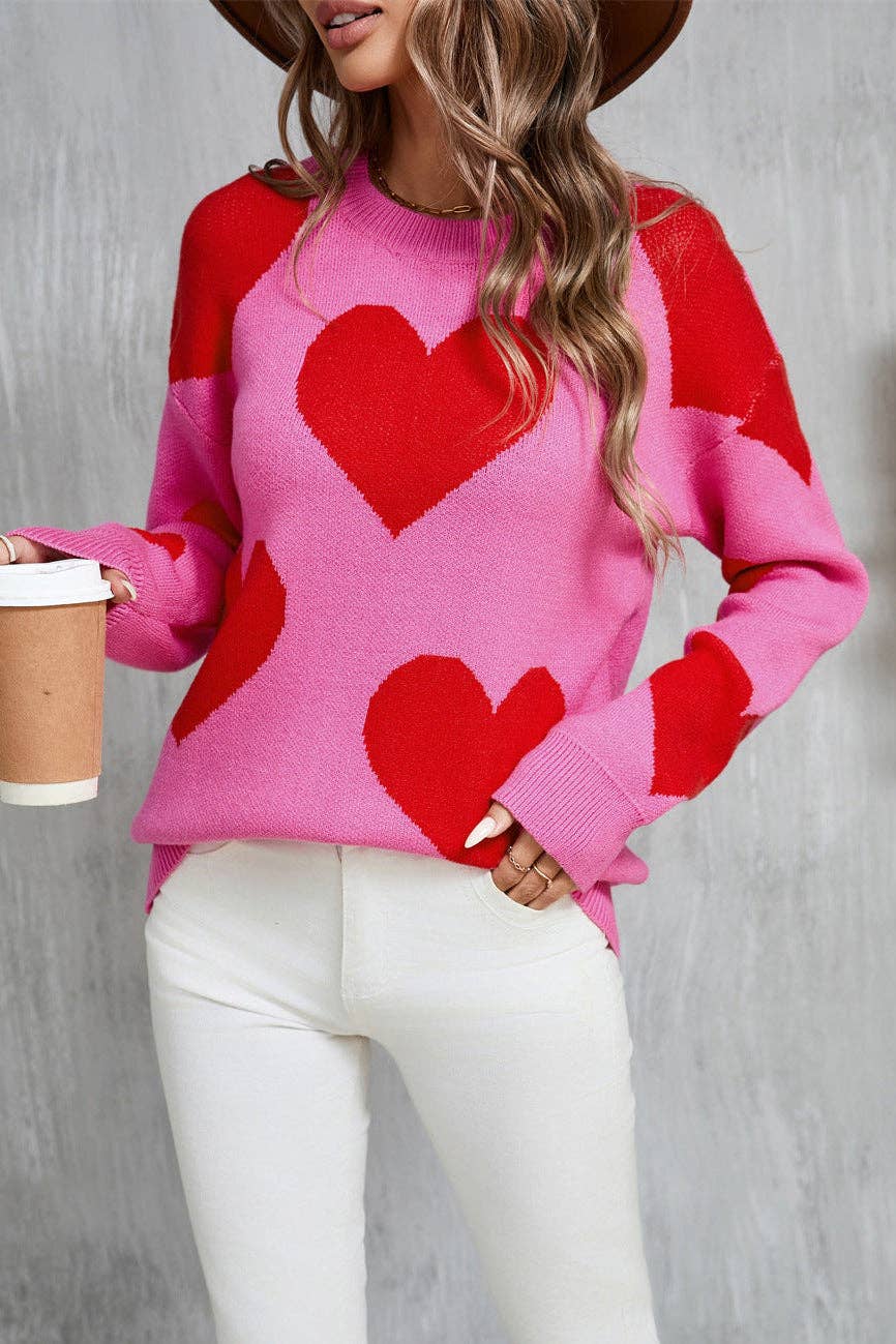 Valentine Heart Knit Sweater Pink Red Pullover Top: Rose Red / S
