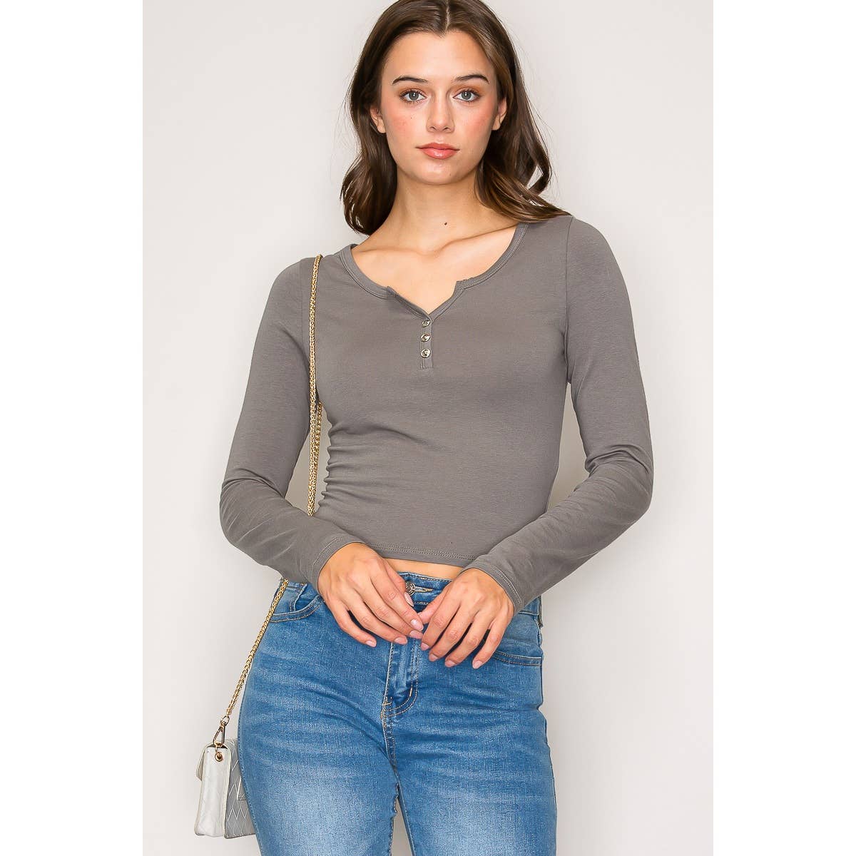 Notch V Neck Button Front Long Sleeve Cotton Top: Chili Oil / S-M-L(2-2-2)