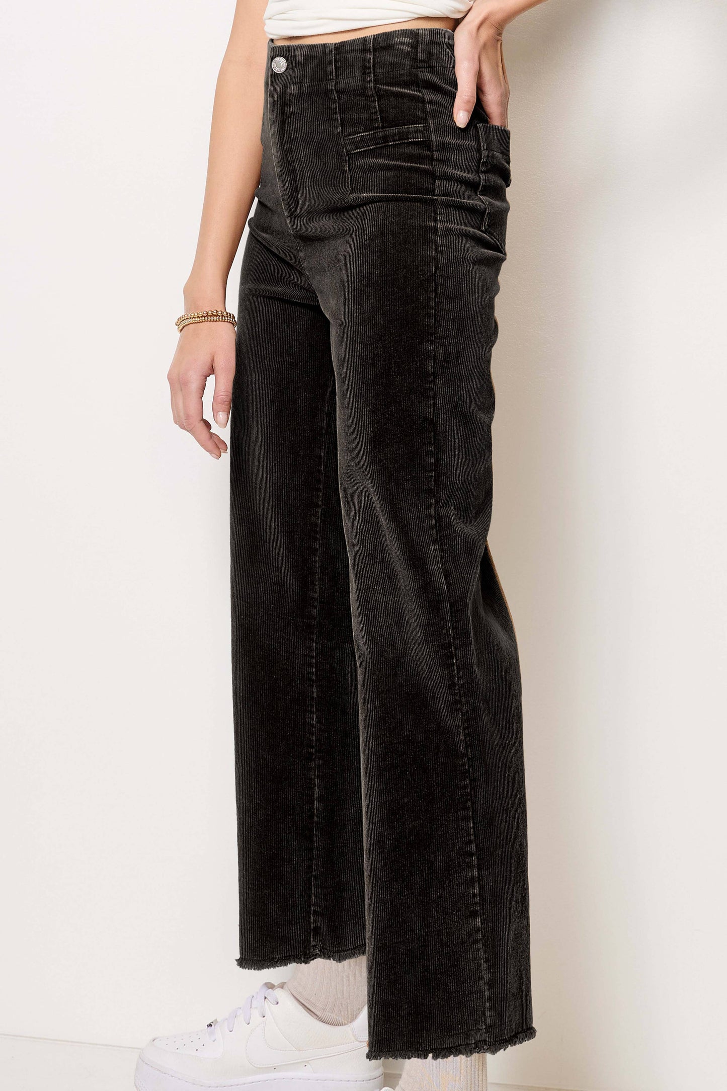 MCP4220-Mineral Washed High Waisted Wide Leg Corduroy Pants: Brown / M