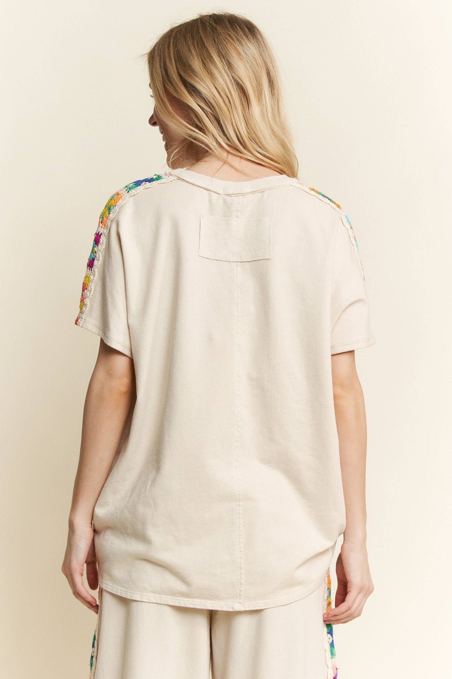 Mineral Washed Crochet patch side trim Knit top HT6395: Natural / S-M-L / 2-2-2