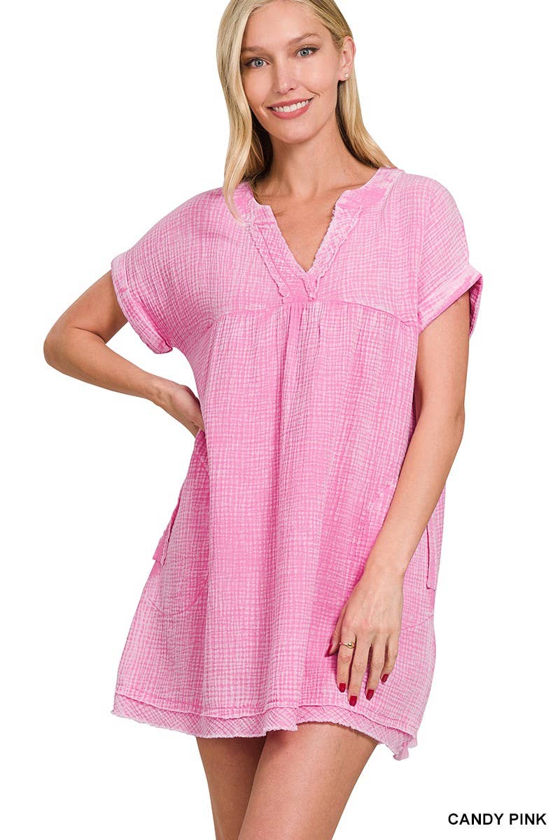 Washed Double Gauze Raw Edge V-neck Dress: DEEP SKY / 2-2-2(S-M-L)