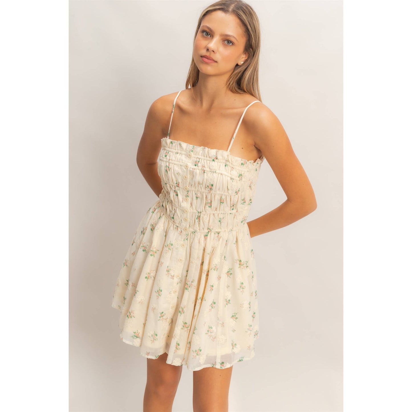Shirred Floral Button-Front Mini: PINK / S-M-L(2-2-2)