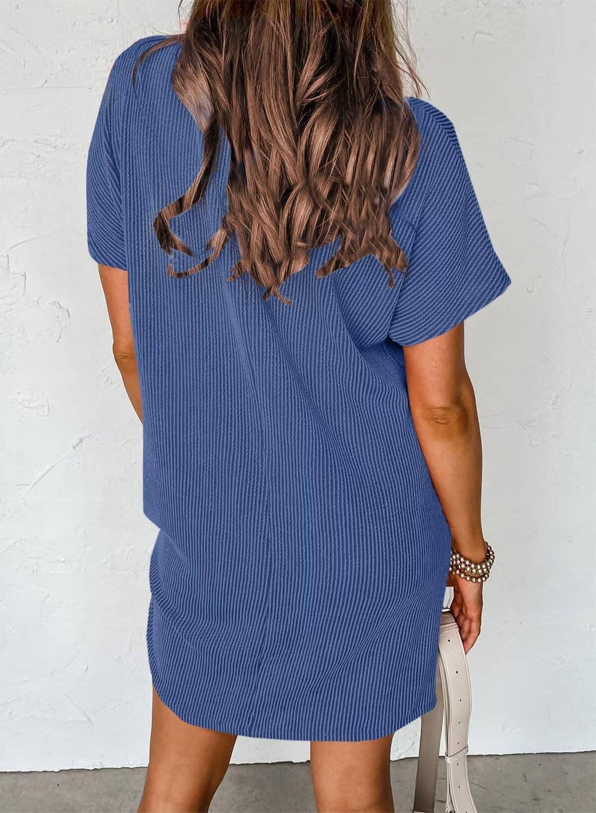 Summer Casual T-shirt Short-sleeved Dress (With Pockets): Black / 65%Rayon + 35%Polyester / L