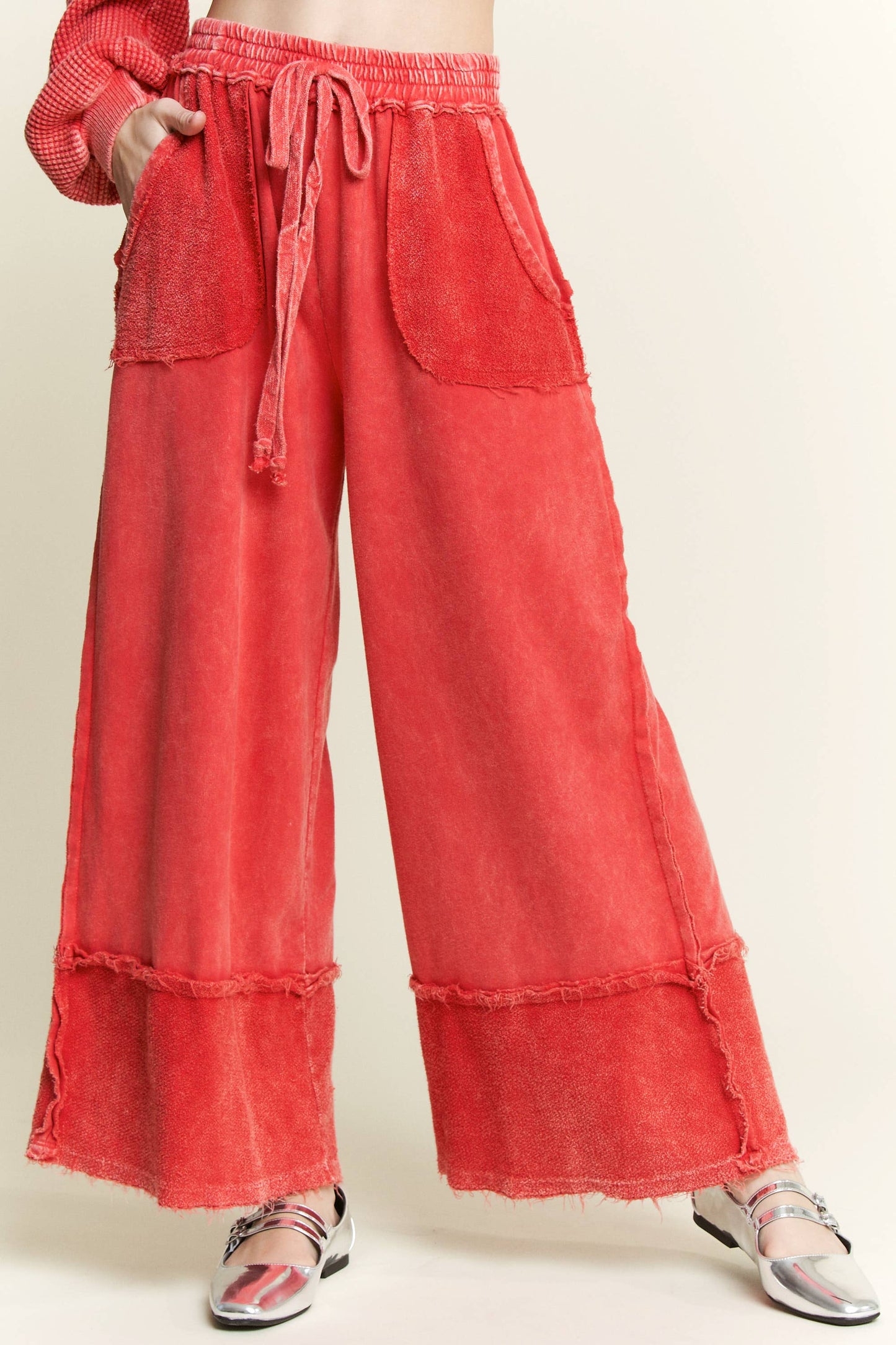 MineralWash Wide Pants with raw hem frayed details HP5536..: Latte / S-M-L / 2-2-2