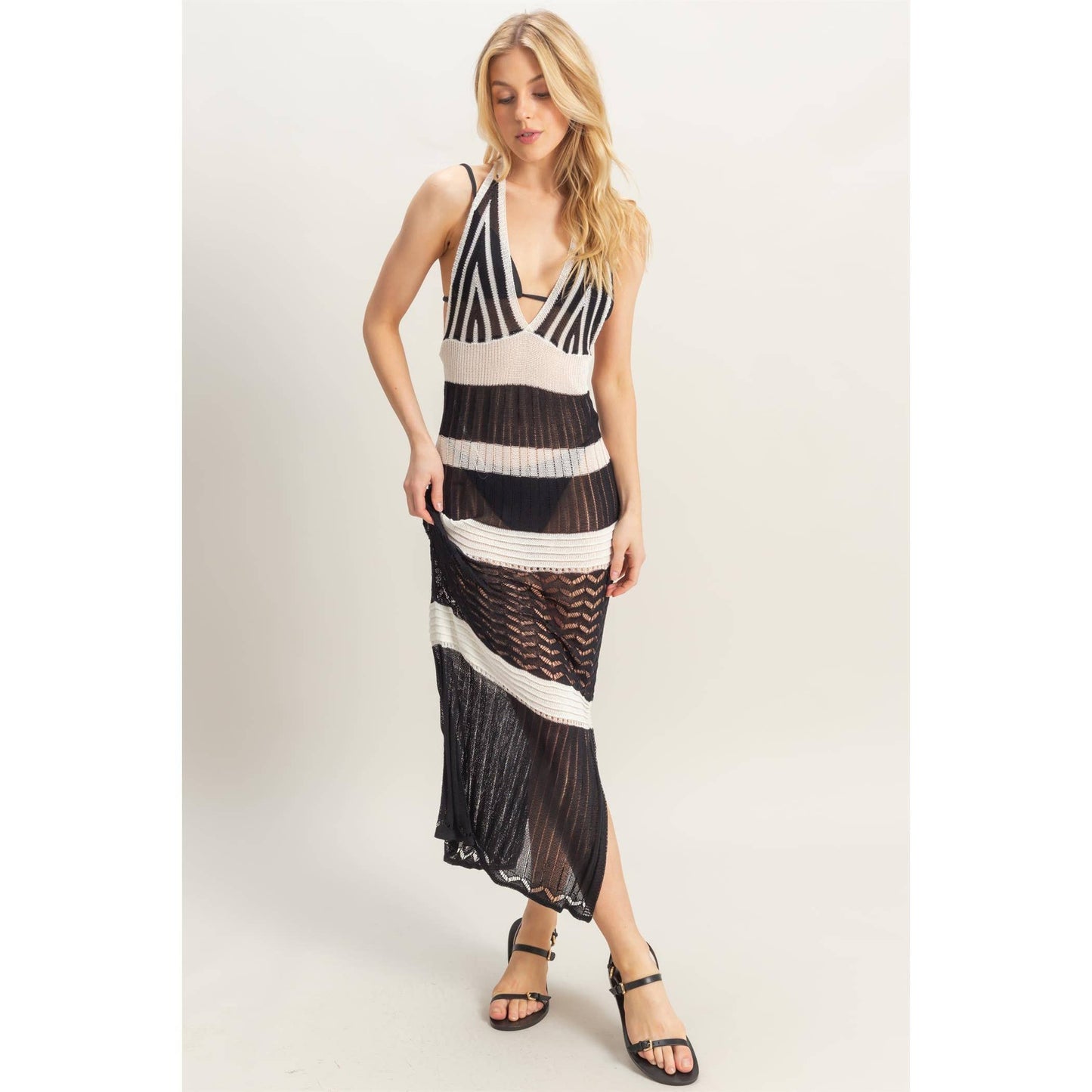 Crochet Striped Halter Coverup Maxi Dress: BLACK / S-M-L(2-2-2)