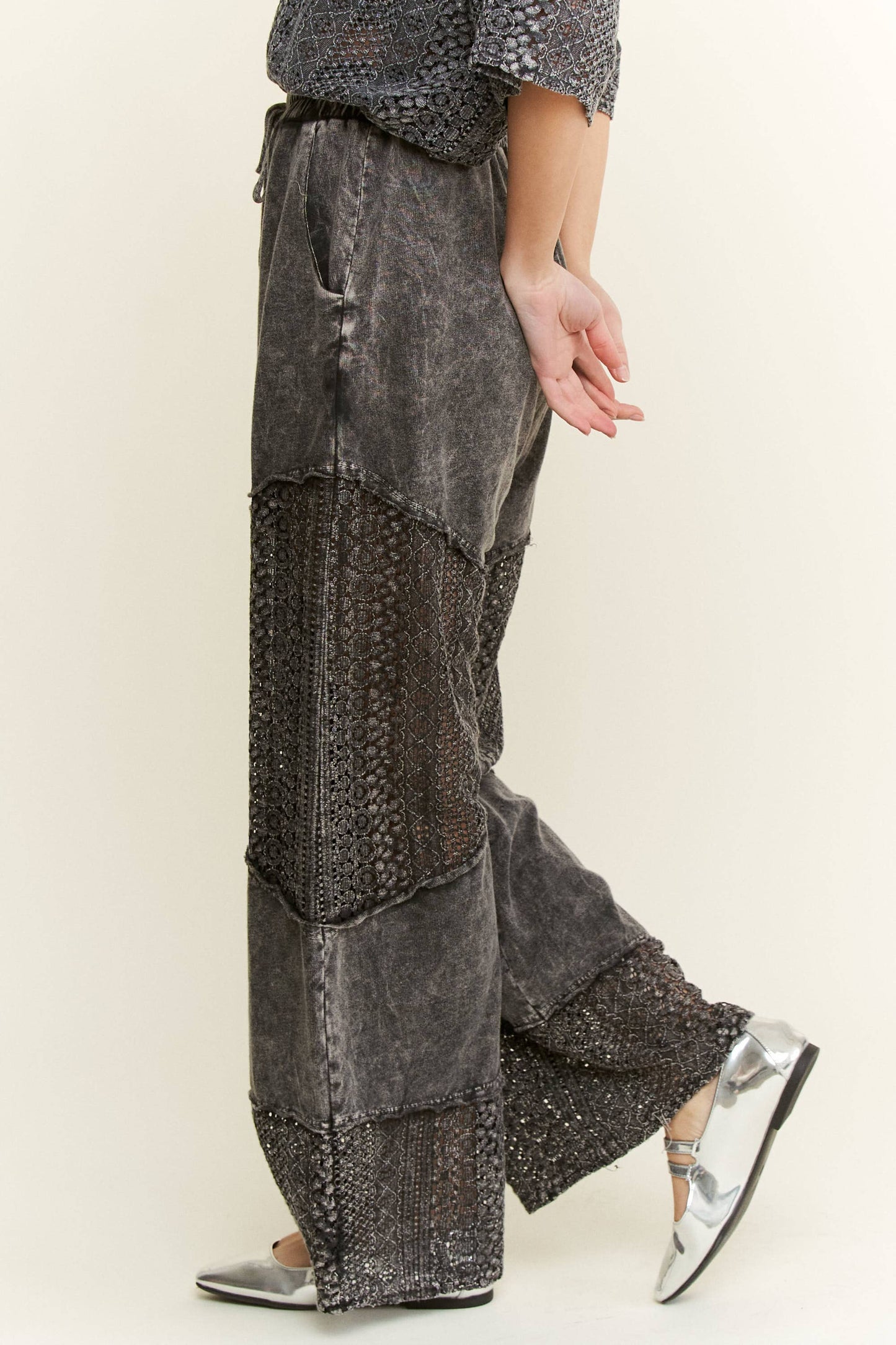 Mineral Washed Lace See through Breezy pants HP6335.: HotPink / S-M-L / 2-2-2