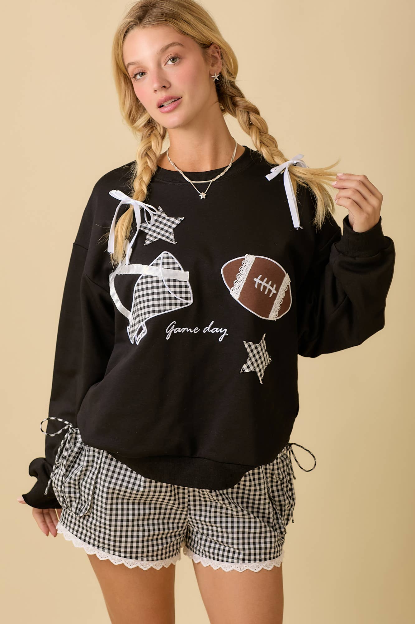 Football Game Day Patchwork Long Sleeve Crewneck Top: BLACK / S