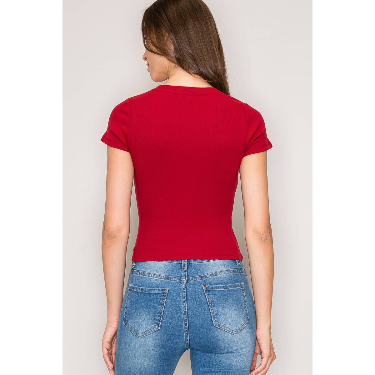 Crew Neck Short Sleeve Cotton Rib Knit Top: Tango Red / S-M-L(2-2-2)