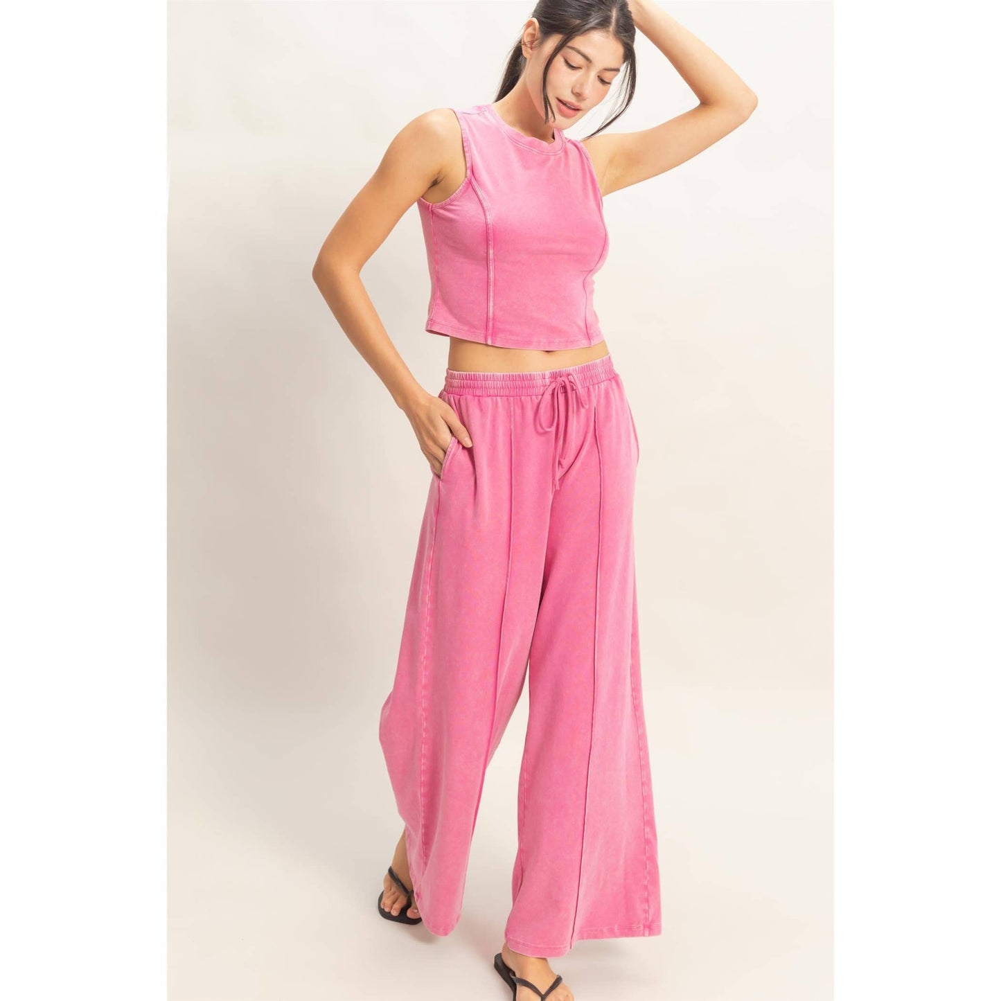 Mineral Washed Sleeveless Top & Wide Leg Pants Set: BLACK / S-M-L(2-2-2)