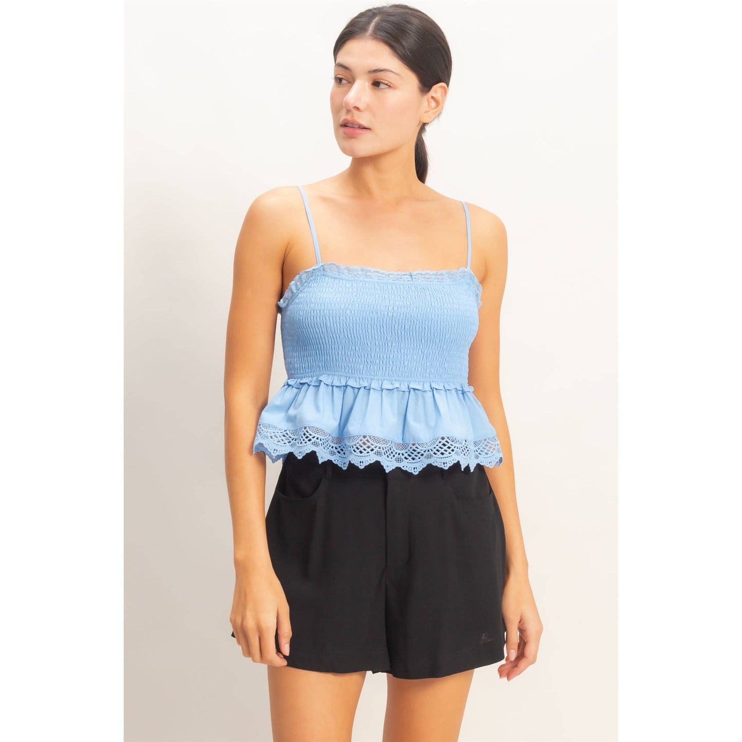 Smocked Peplum Top With Lace Trim: YELLOW / S-M-L(2-2-2)