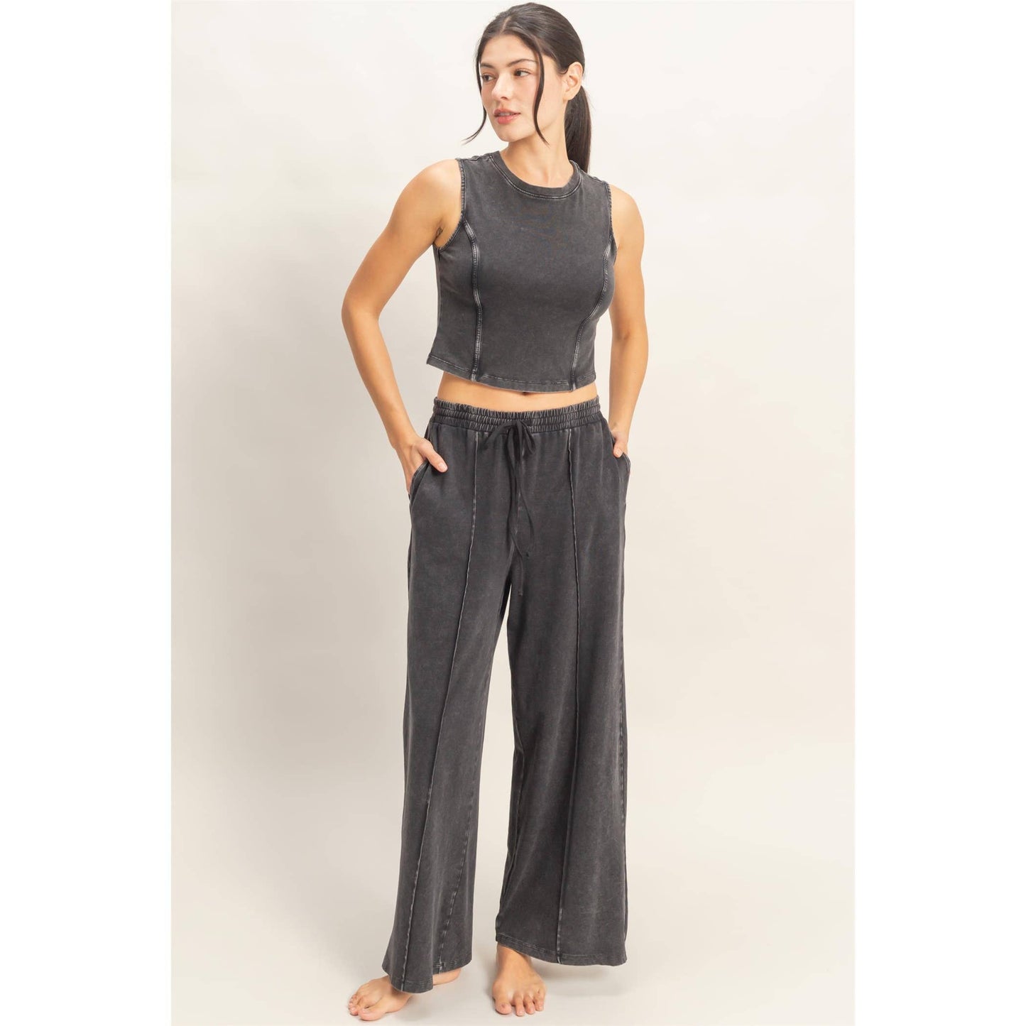 Mineral Washed Sleeveless Top & Wide Leg Pants Set: BLACK / S-M-L(2-2-2)