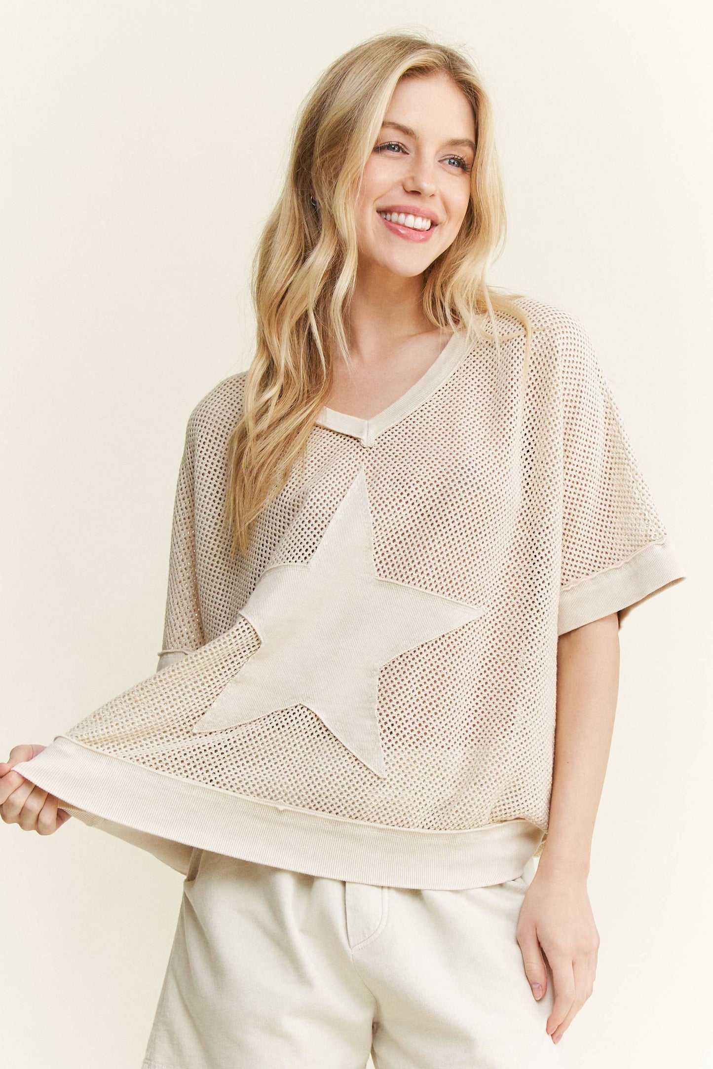 MineralWashed Star patched Mesh Knit Vest top HT6385: Silver Grey / S-M- L / 2-2-2