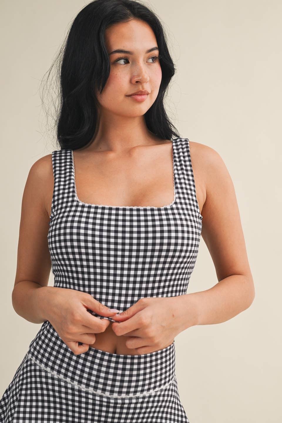 Gingham Print Crop Tank with Lace Trim: Pink Gingham / L