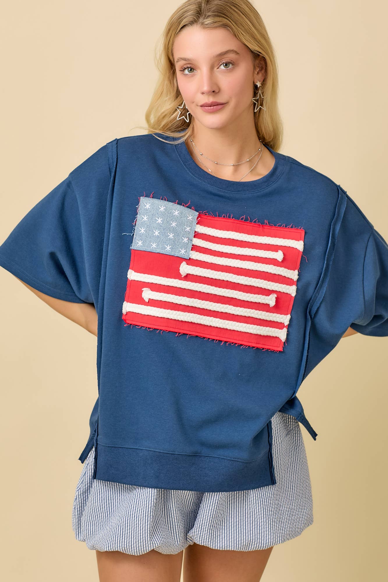 Boxy Wide Short Sleeve Top With American Flag Patchwork: DARK BLUE / M