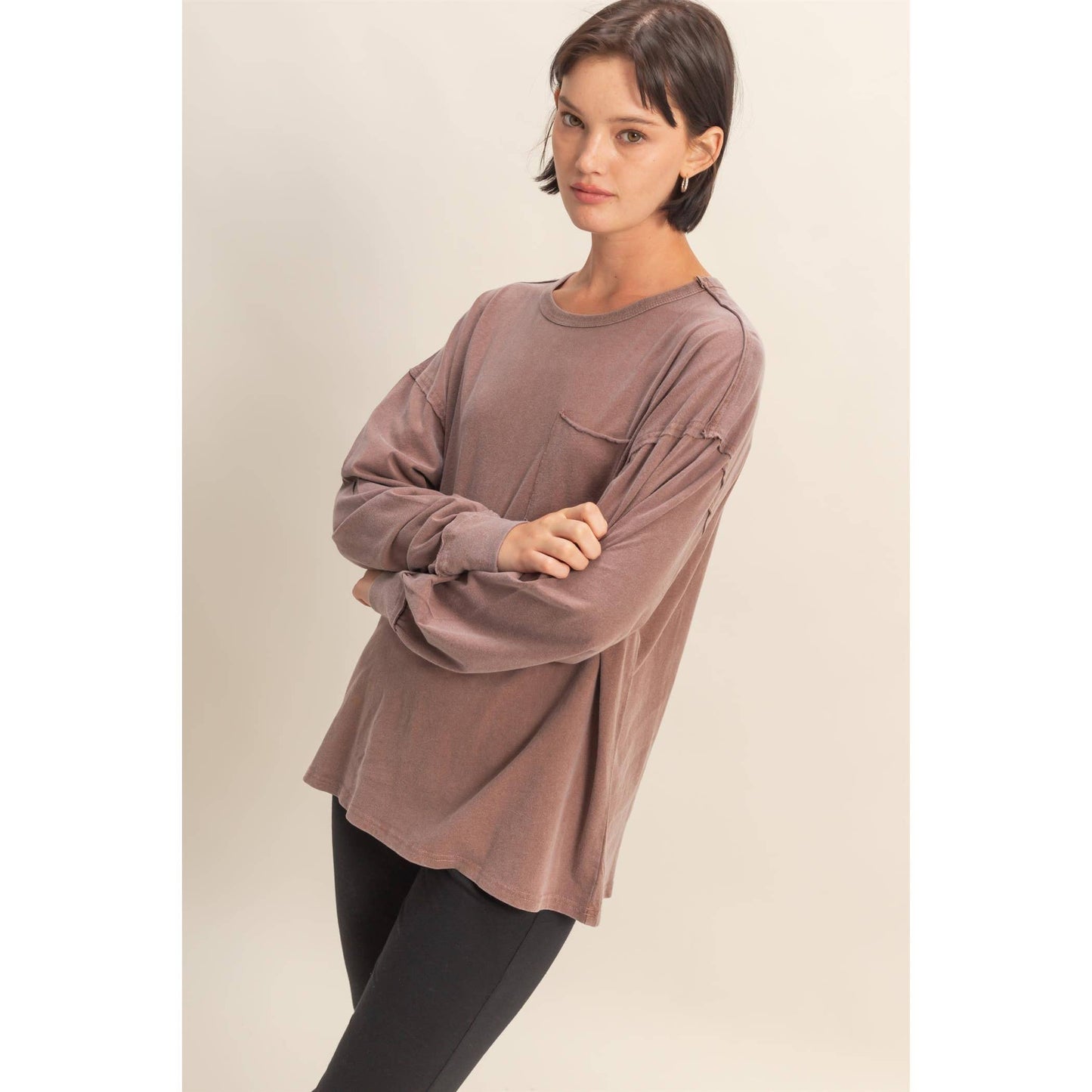 Oversized Washed Long Sleeve Pocket Tee: BLACK / S-M-L(2-2-2)