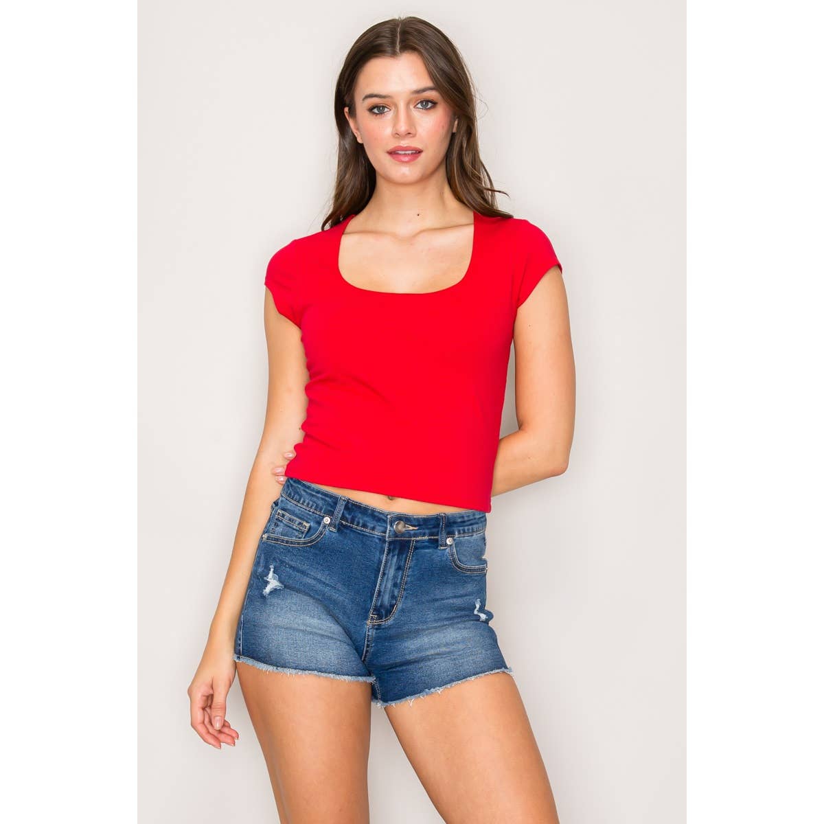 Double Layer Square Neck Cap Sleeve Top: Chili Oil / S-M-L(2-2-2)
