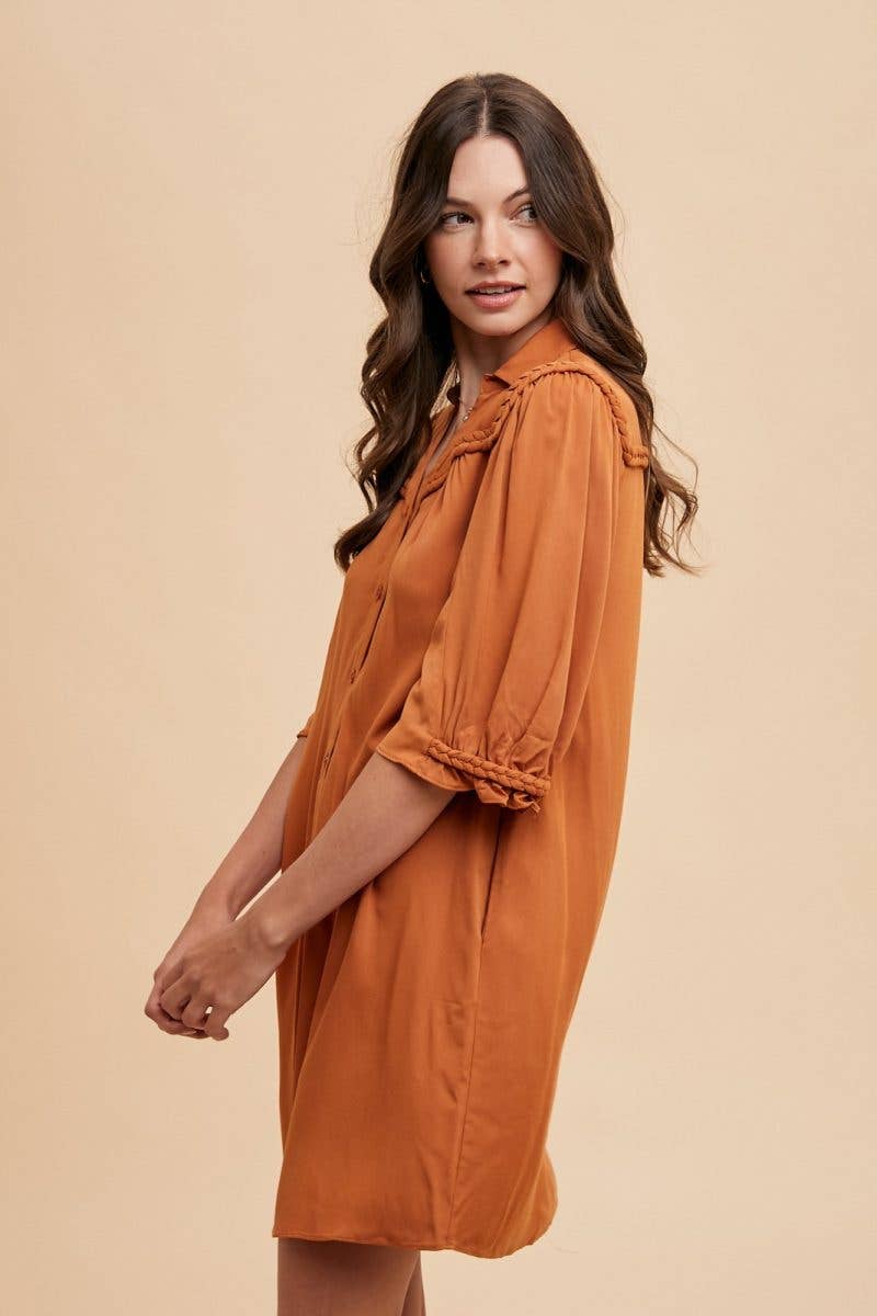 Braided Trim Detail Shirt Mini Dress: PUMPKIN / 2-2-2-2(S-M-L-XL)
