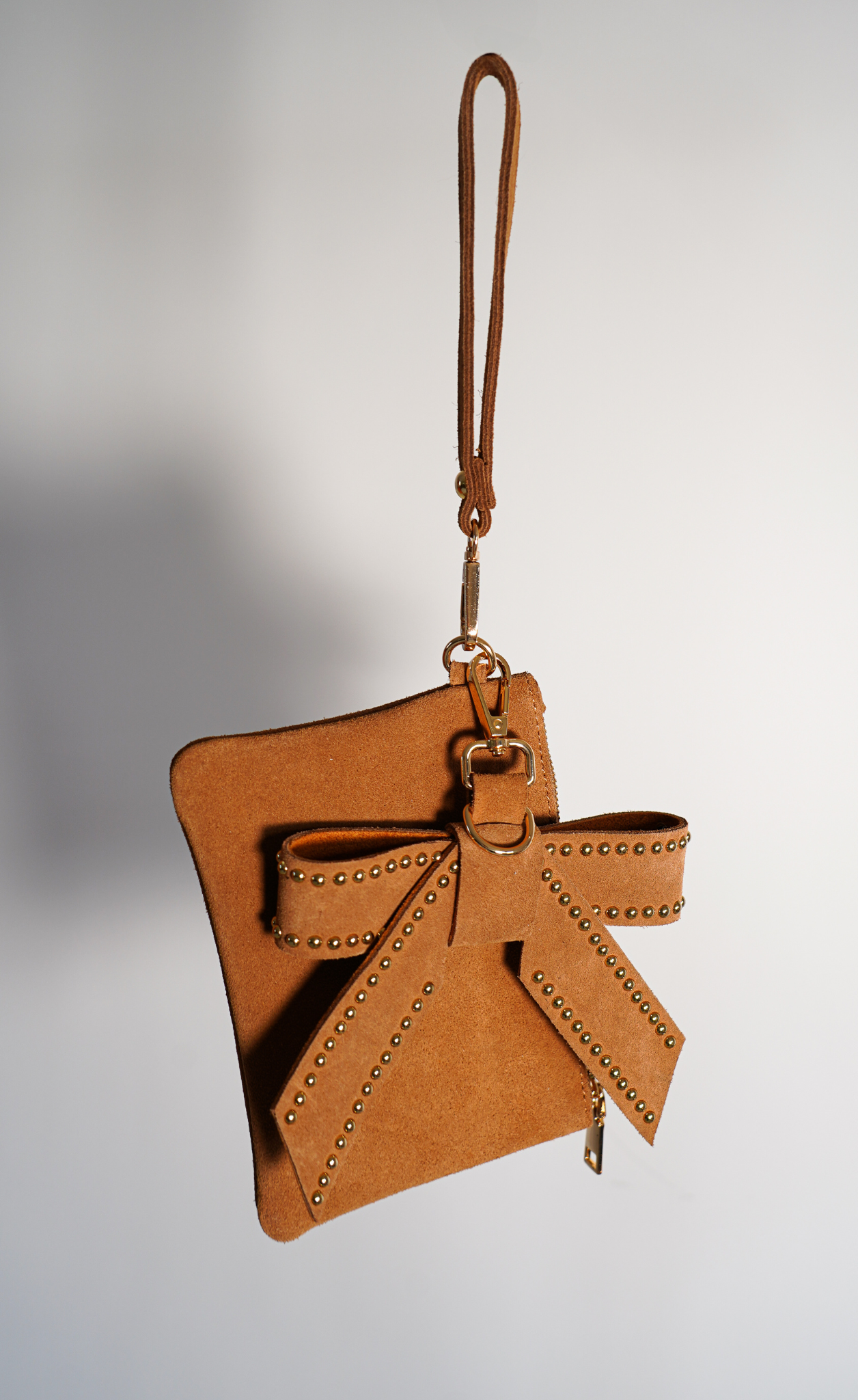 Suede Wristlet & Bow Hang-Off Set of 2: Cognac