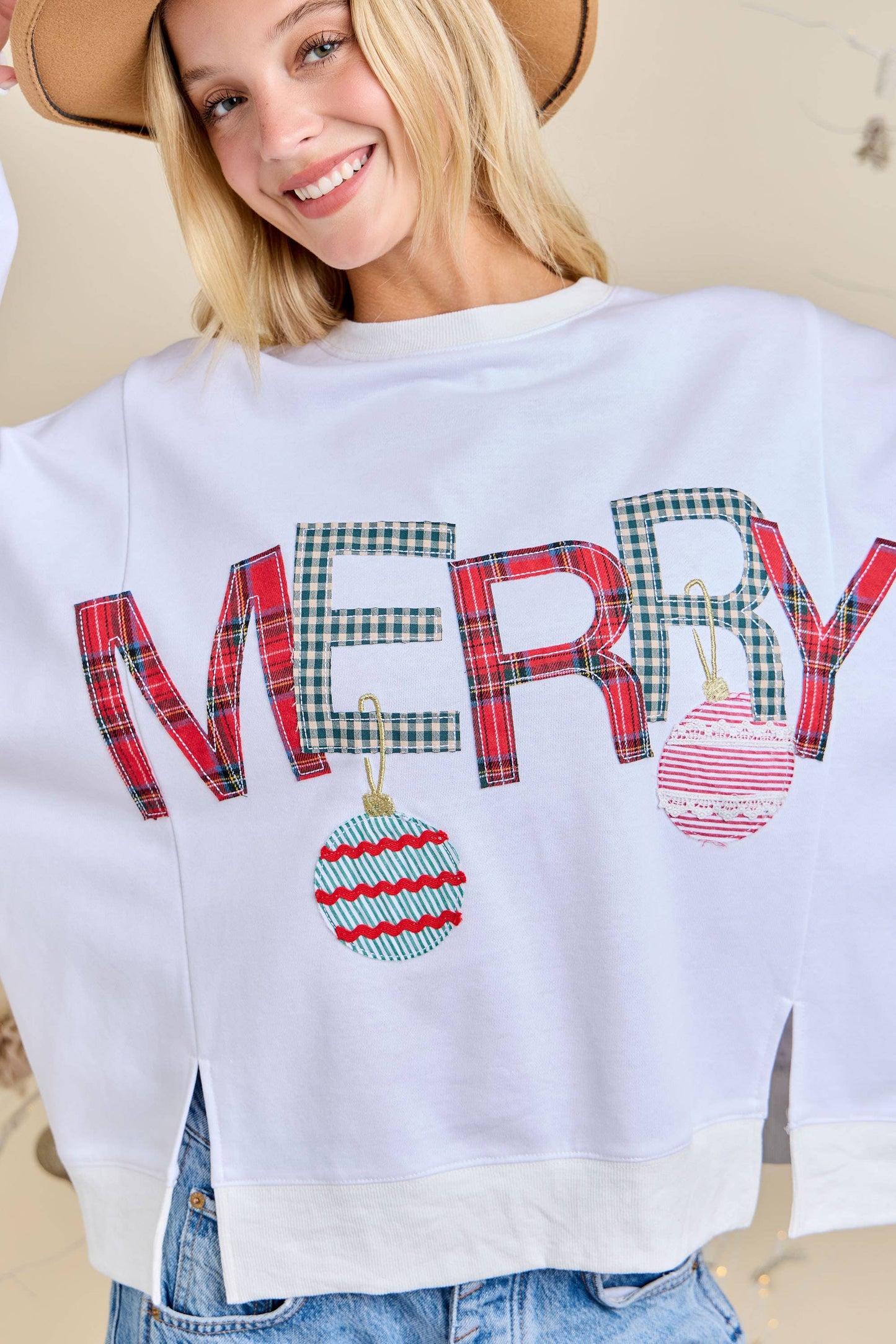 Merry With Ornament Patchwork Oversized Long Sleeve Top: HUNTER GREEN / L