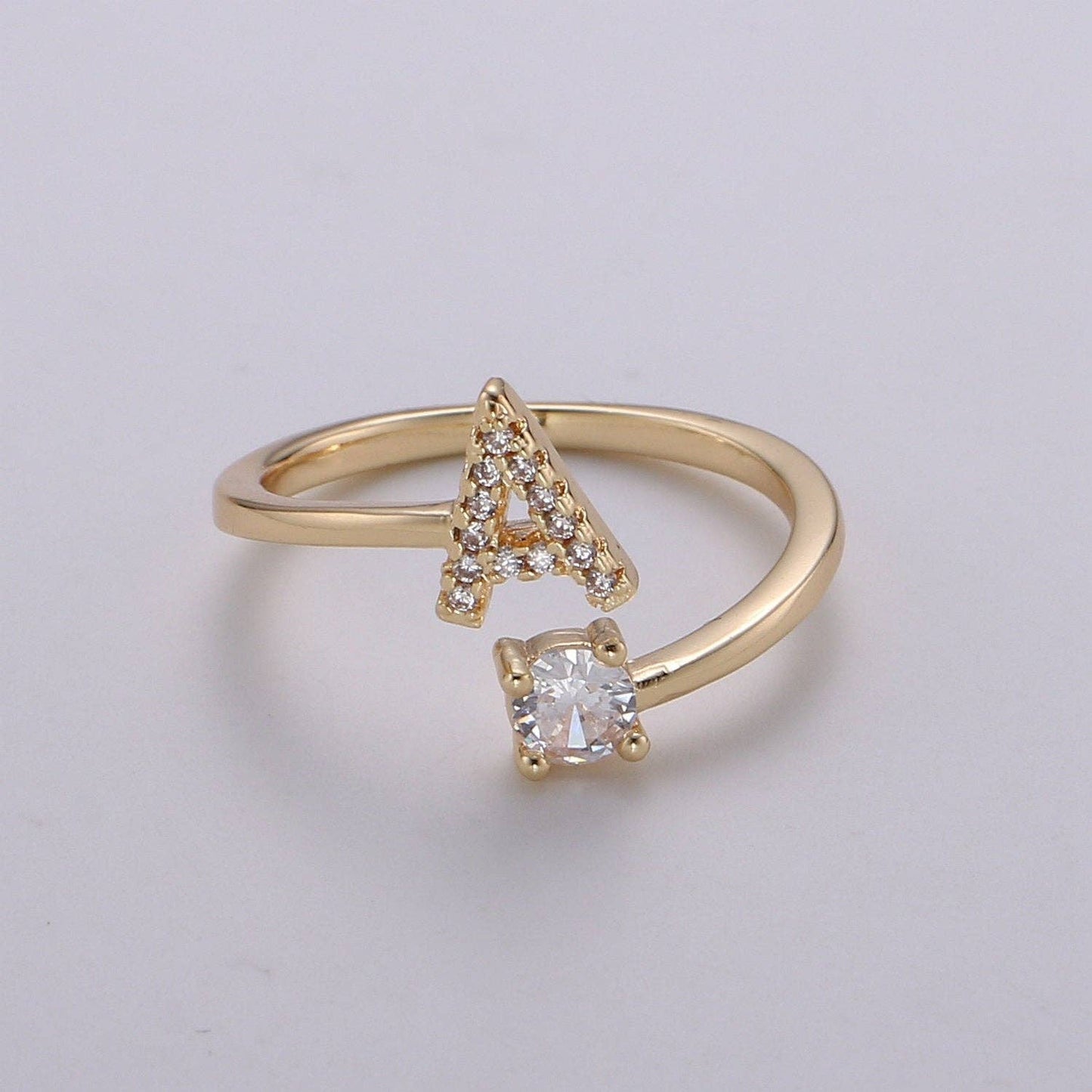 Adjustable Gold Initial Ring With CZ R370~R395: E