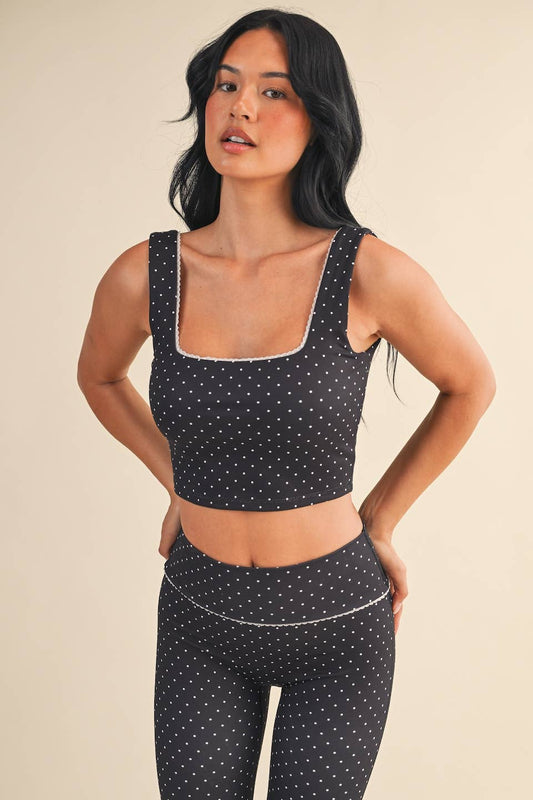 Polka Dot Print Crop Tank with Lace Trim: Black Polka Dot / L