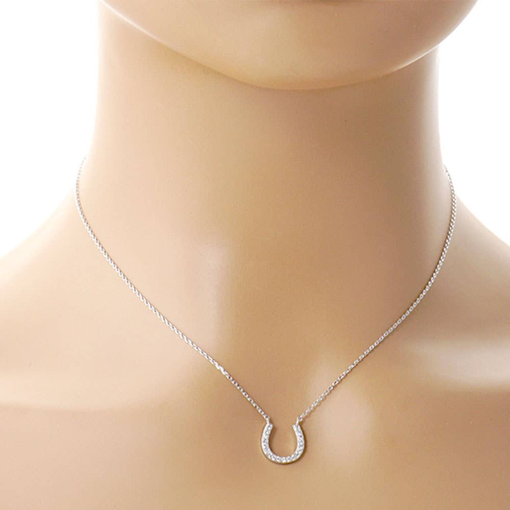 Gold Dipped CZ Stone Paved Horseshoe Pendant Necklace: Clear,Gold