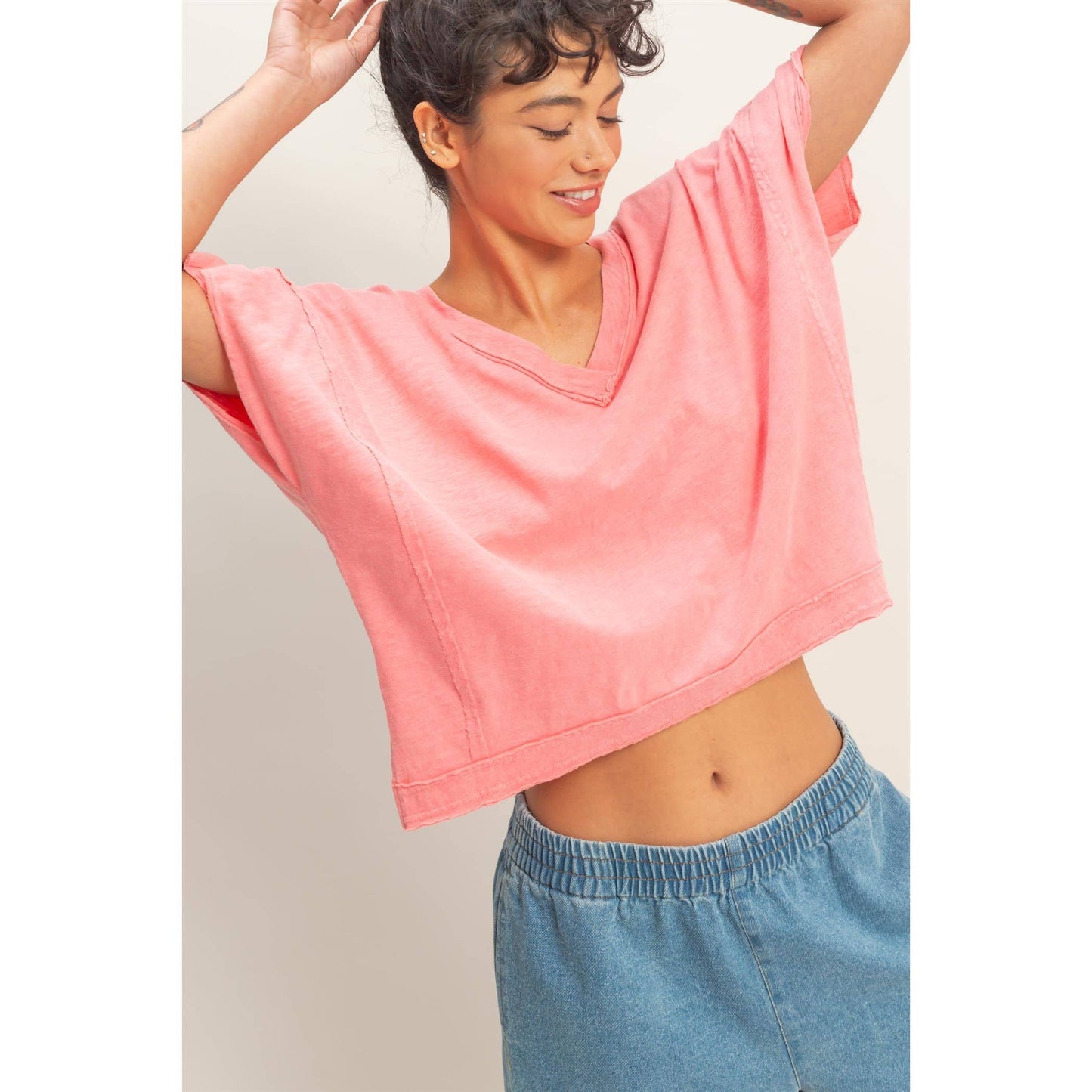 Oversized V-Neck Short Sleeve Top: TAFFY PINK / S-M-L(2-2-2)