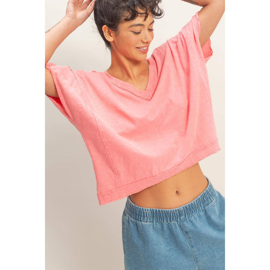 Oversized V-Neck Short Sleeve Top: TAFFY PINK / S-M-L(2-2-2)