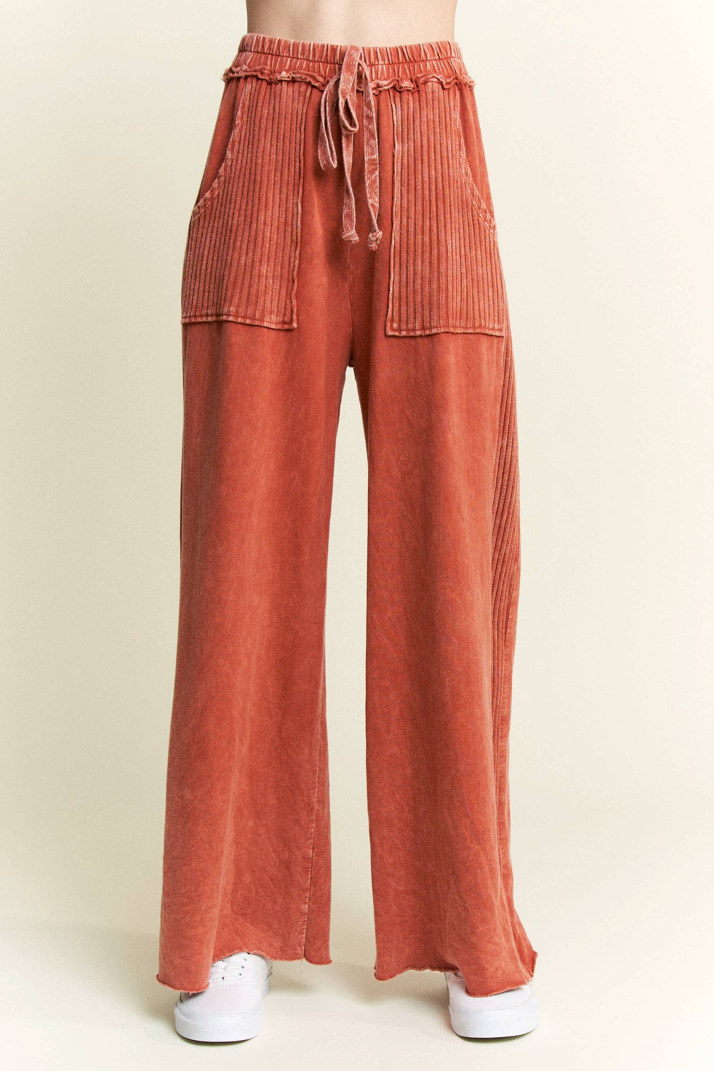 Mineral Wash Side Knit detail wide leg pants HE5878P: Midnight Green / S-M-L / 2-2-2