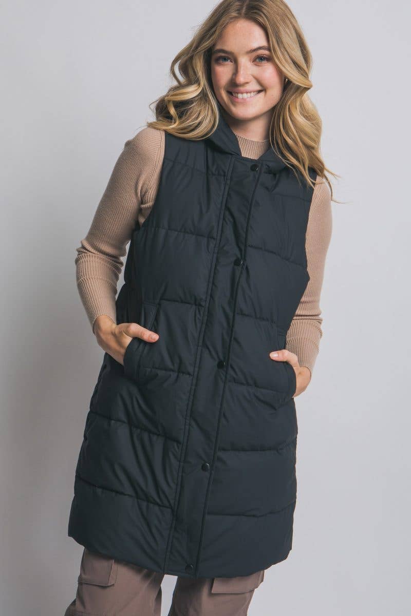 Hooded Long Quilted Puffer Vest: BLACK / 2-2-2(S-M-L)
